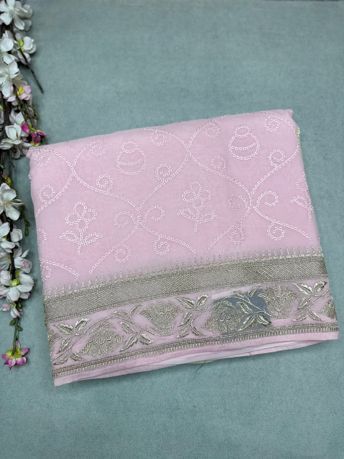 Pink n Yellow Chikankari Organza Saree 110