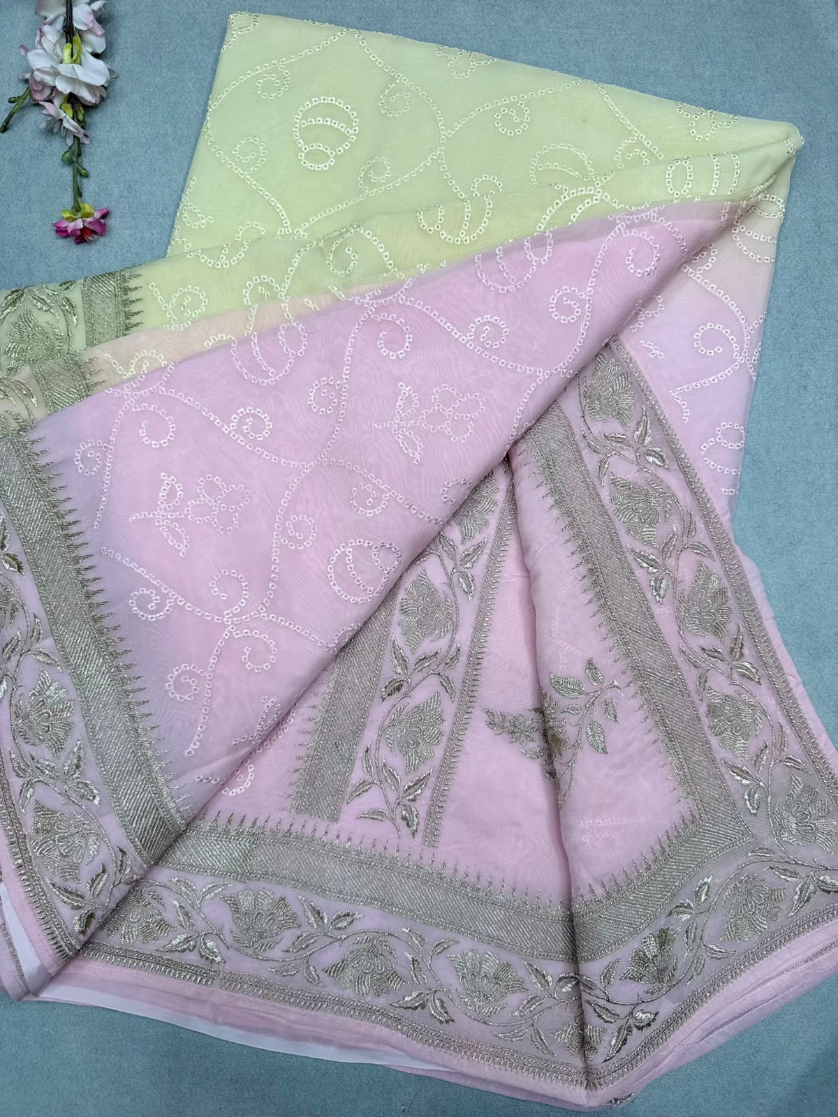 Pink n Yellow Chikankari Organza Saree 110