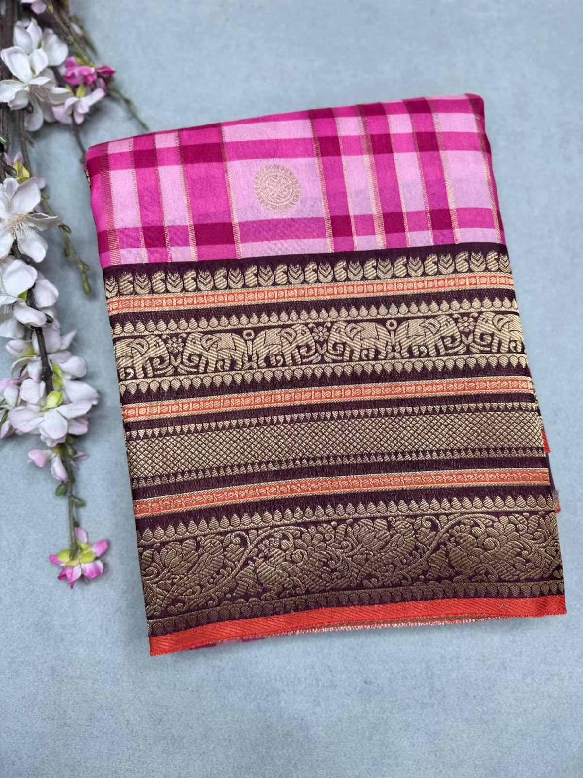 Pink Checks Semi Crepe Saree 110