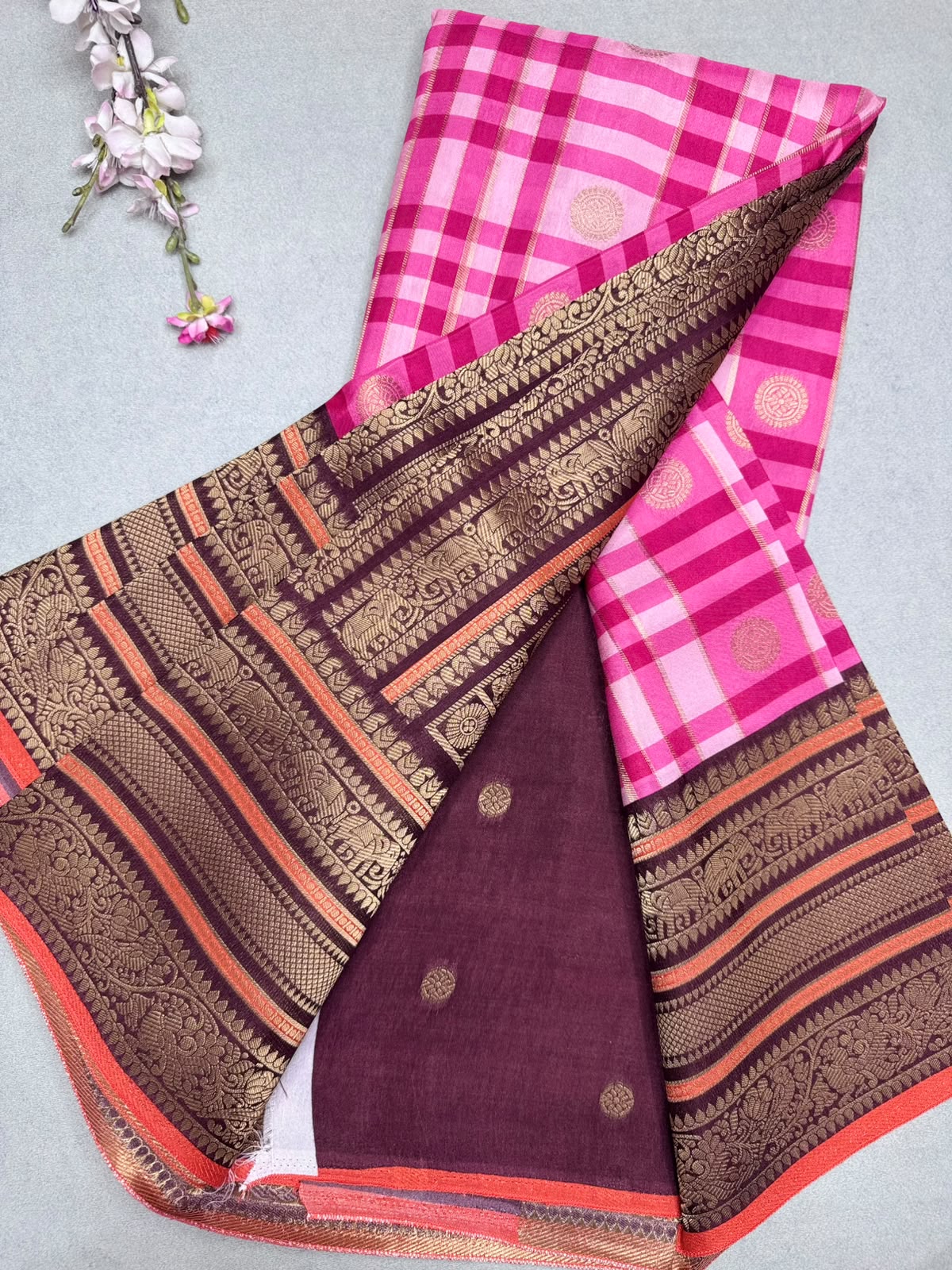 Pink Checks Semi Crepe Saree 110