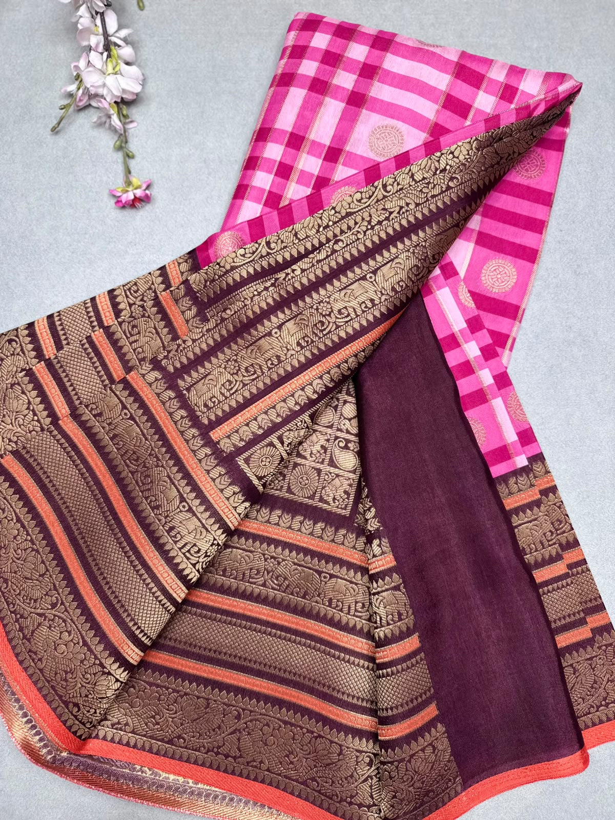 Pink Checks Semi Crepe Saree 110