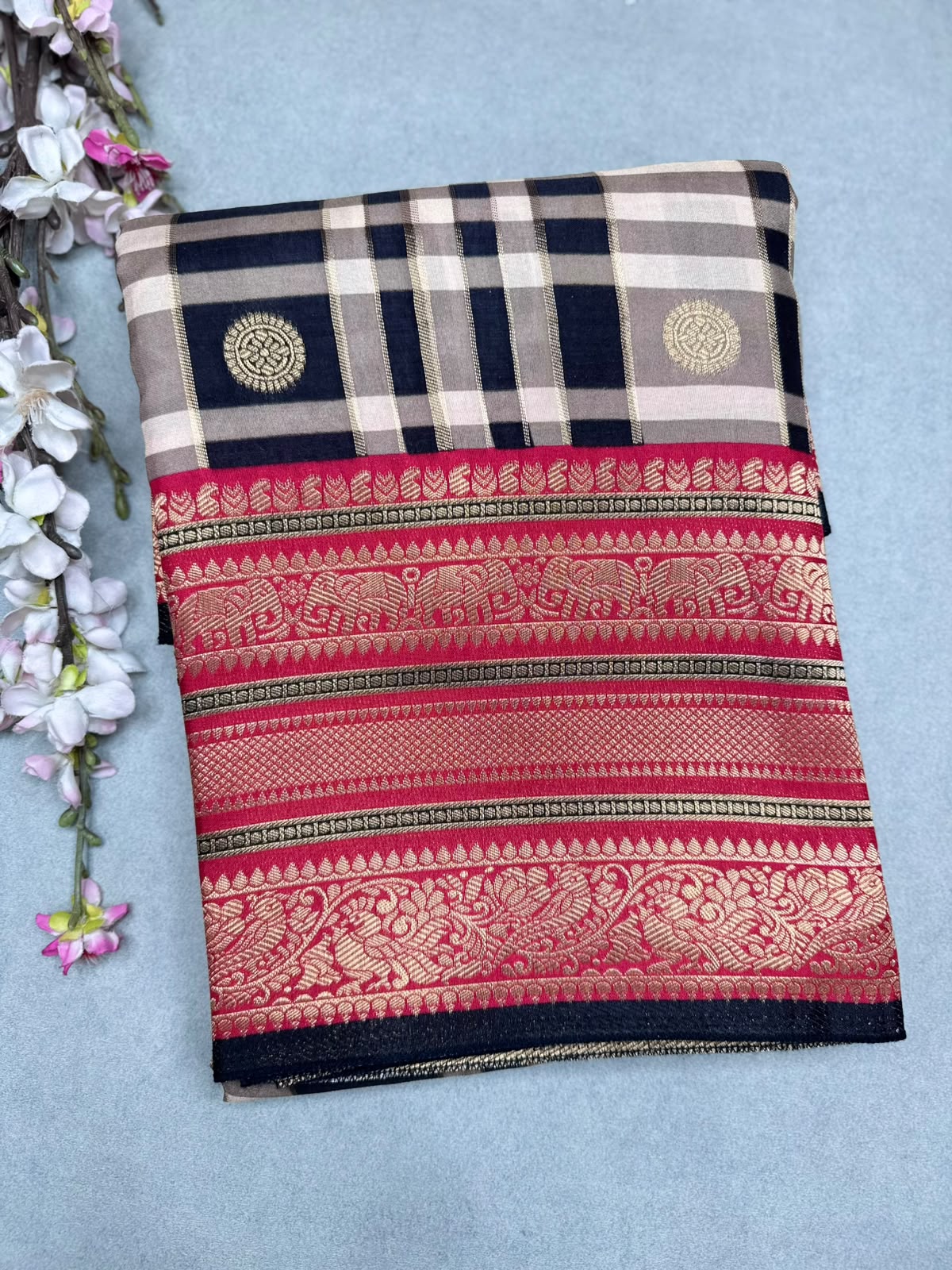 Black Checks Semi Crepe Saree 110