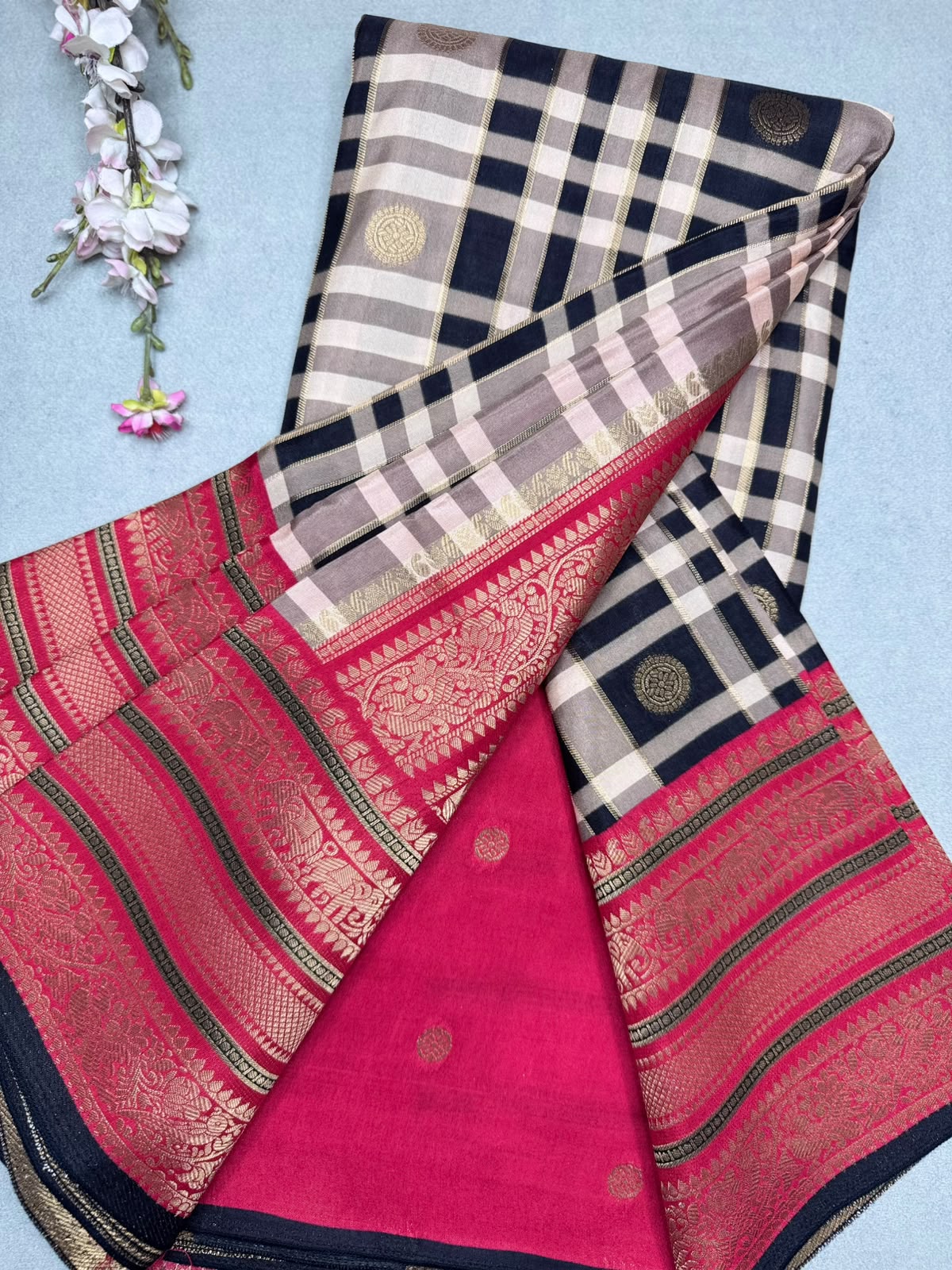Black Checks Semi Crepe Saree 110