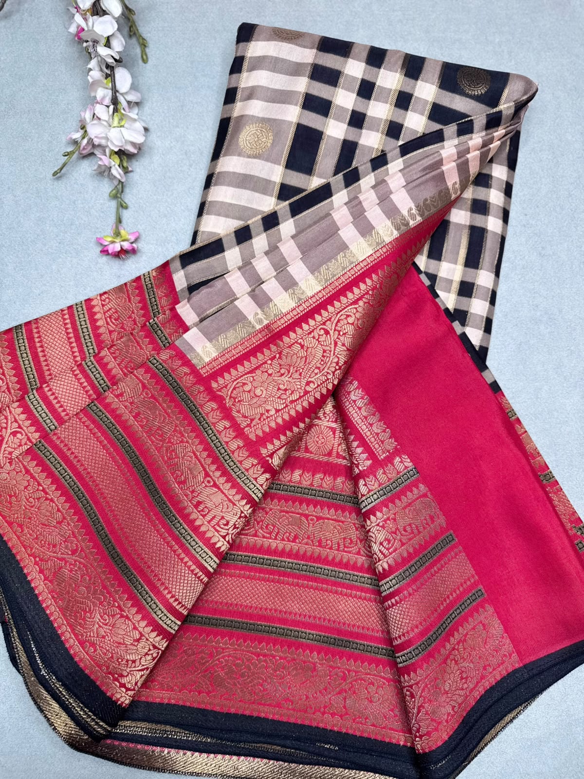 Black Checks Semi Crepe Saree 110