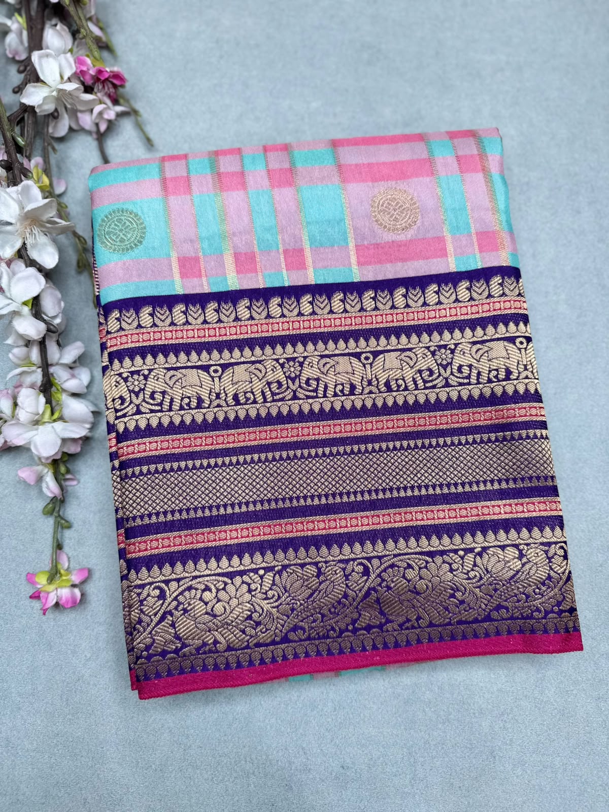 Sea Green Checks Semi Crepe Saree 110