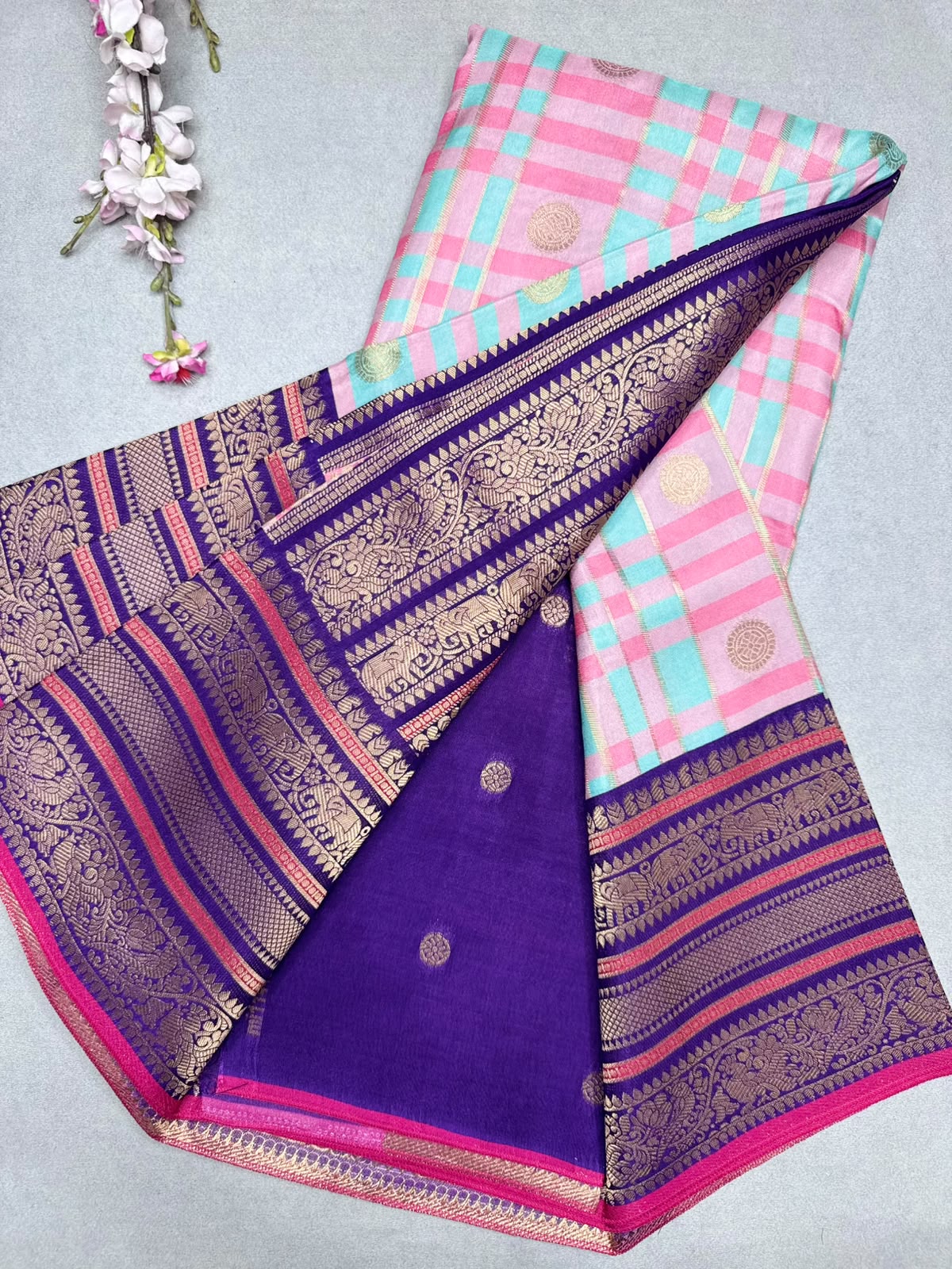 Sea Green Checks Semi Crepe Saree 110