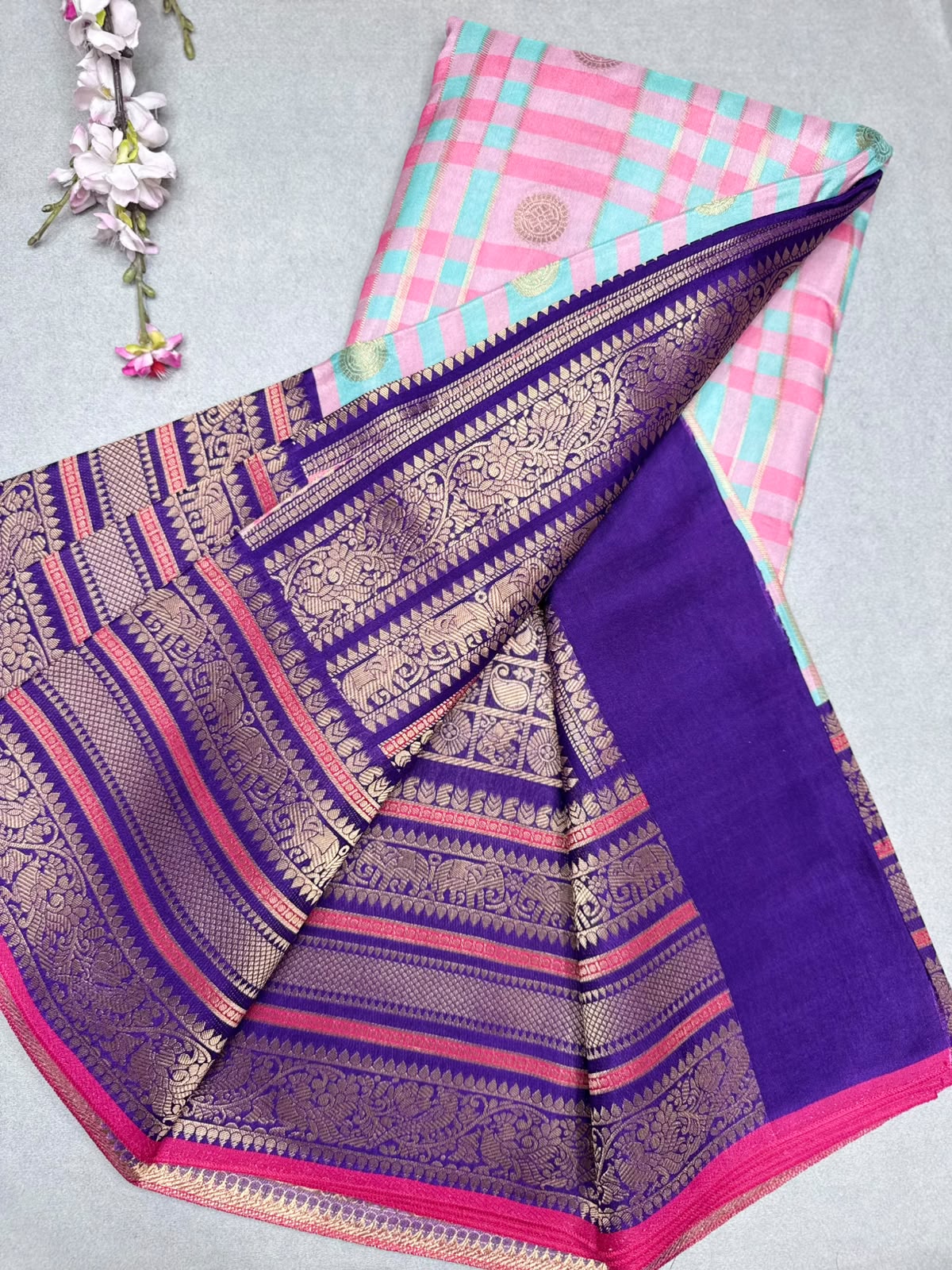 Sea Green Checks Semi Crepe Saree 110