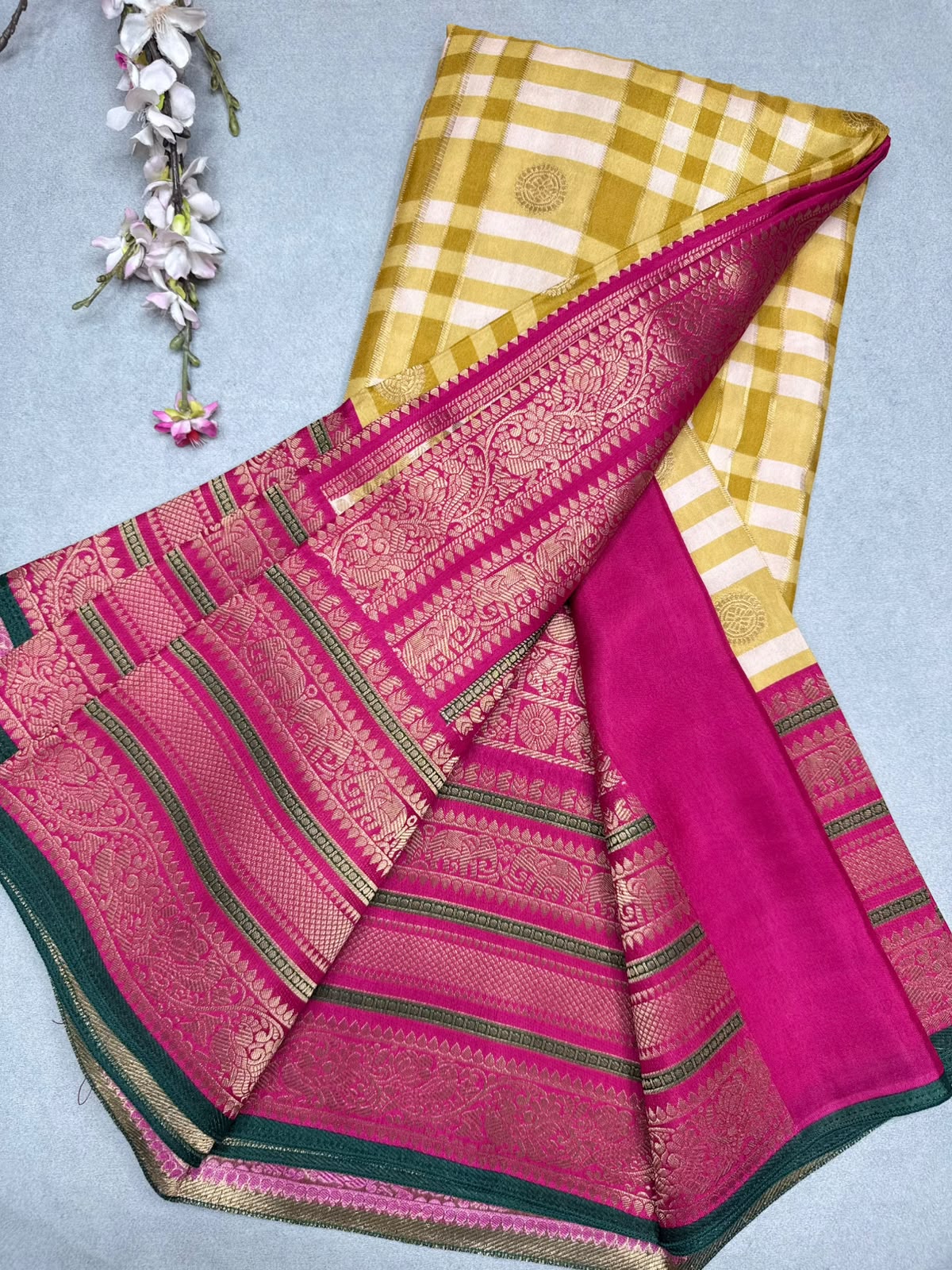 Mustard Checks Semi Crepe Saree 110