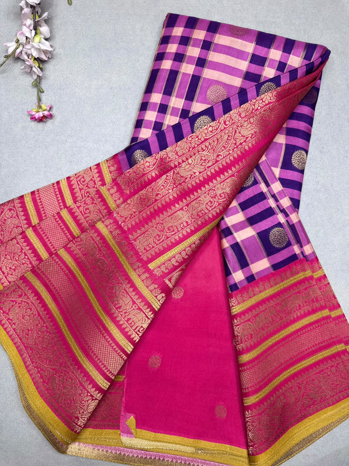 Purple Checks Semi Crepe Saree 110