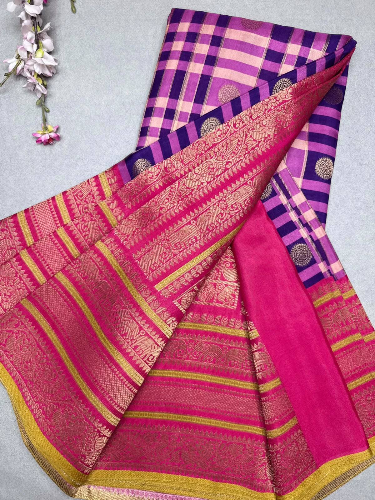 Purple Checks Semi Crepe Saree 110