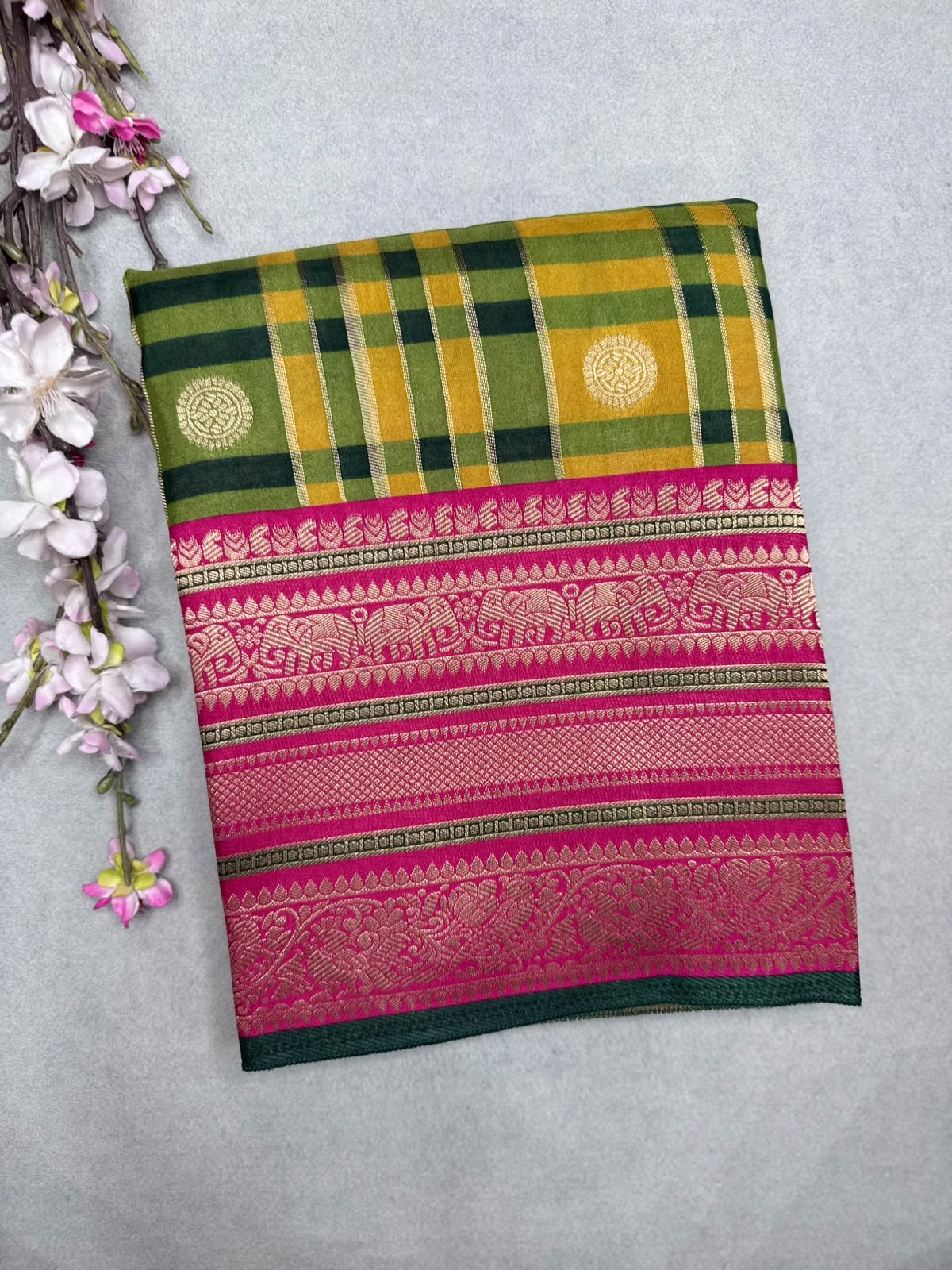 Green Checks Semi Crepe Saree 110