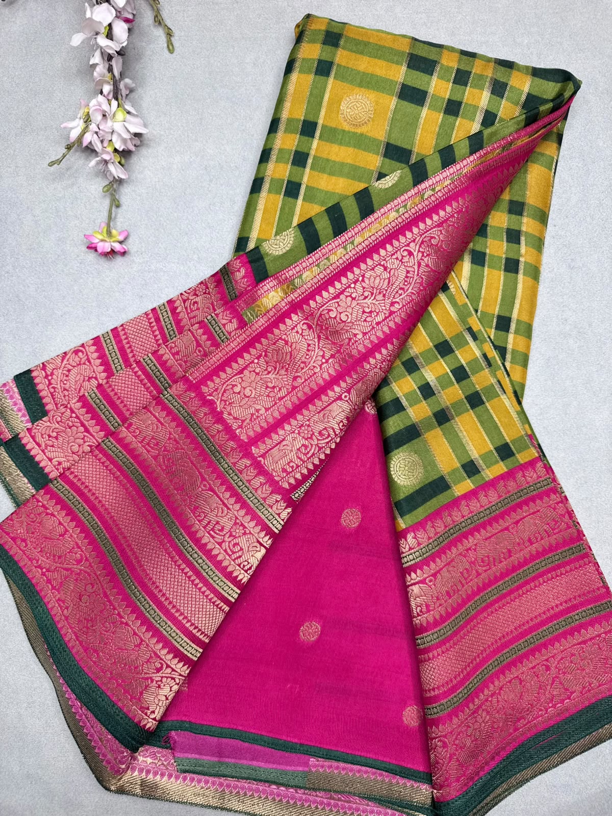 Green Checks Semi Crepe Saree 110
