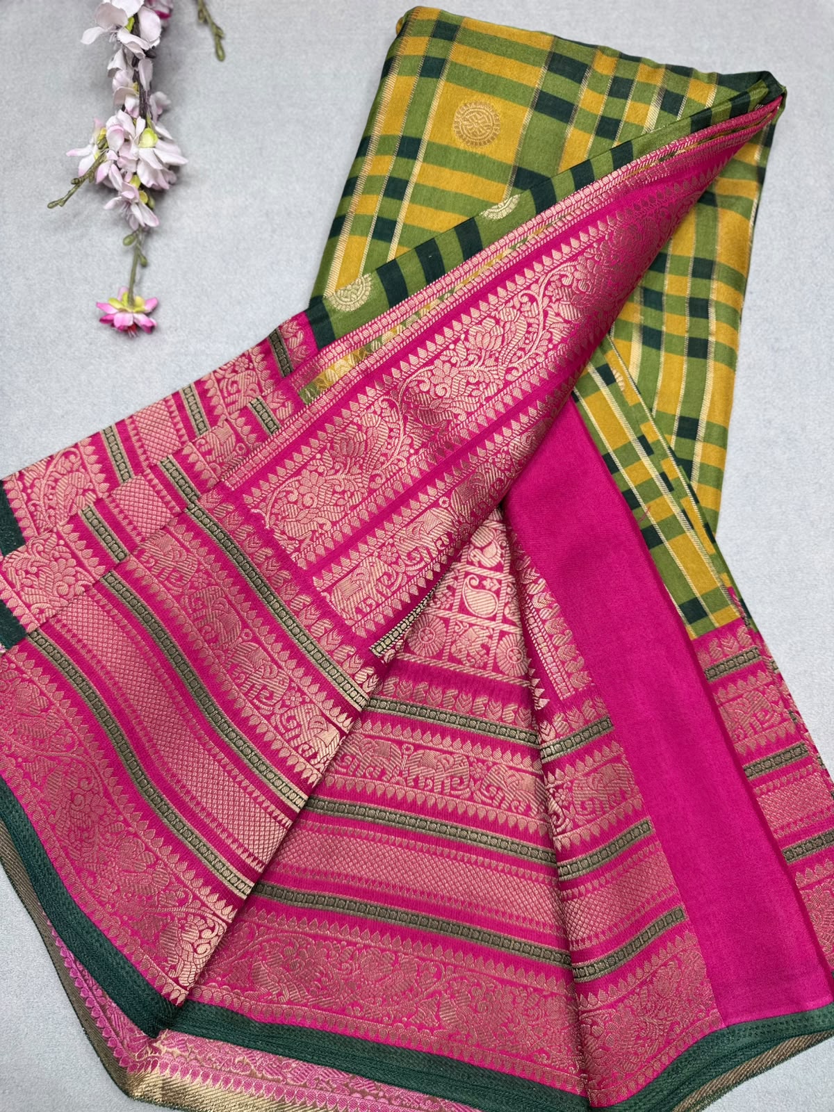 Green Checks Semi Crepe Saree 110