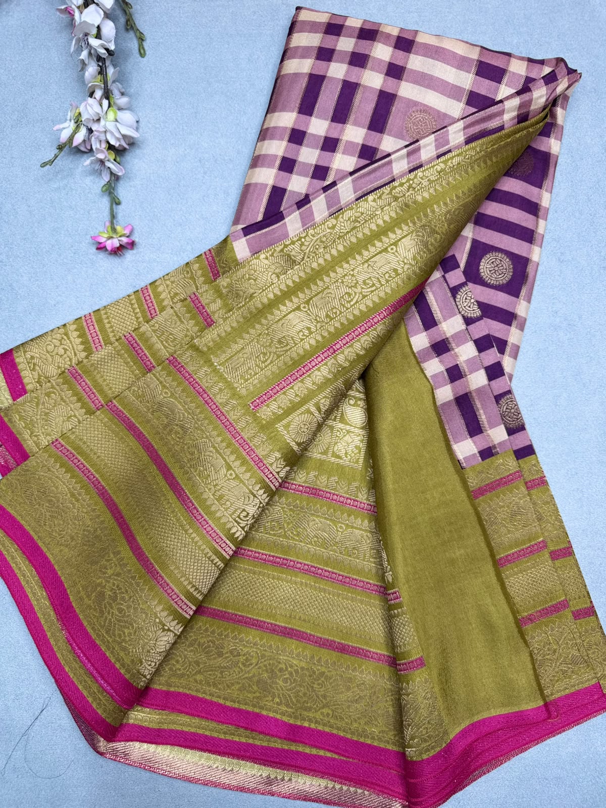 Wine Checks Semi Crepe Saree 110