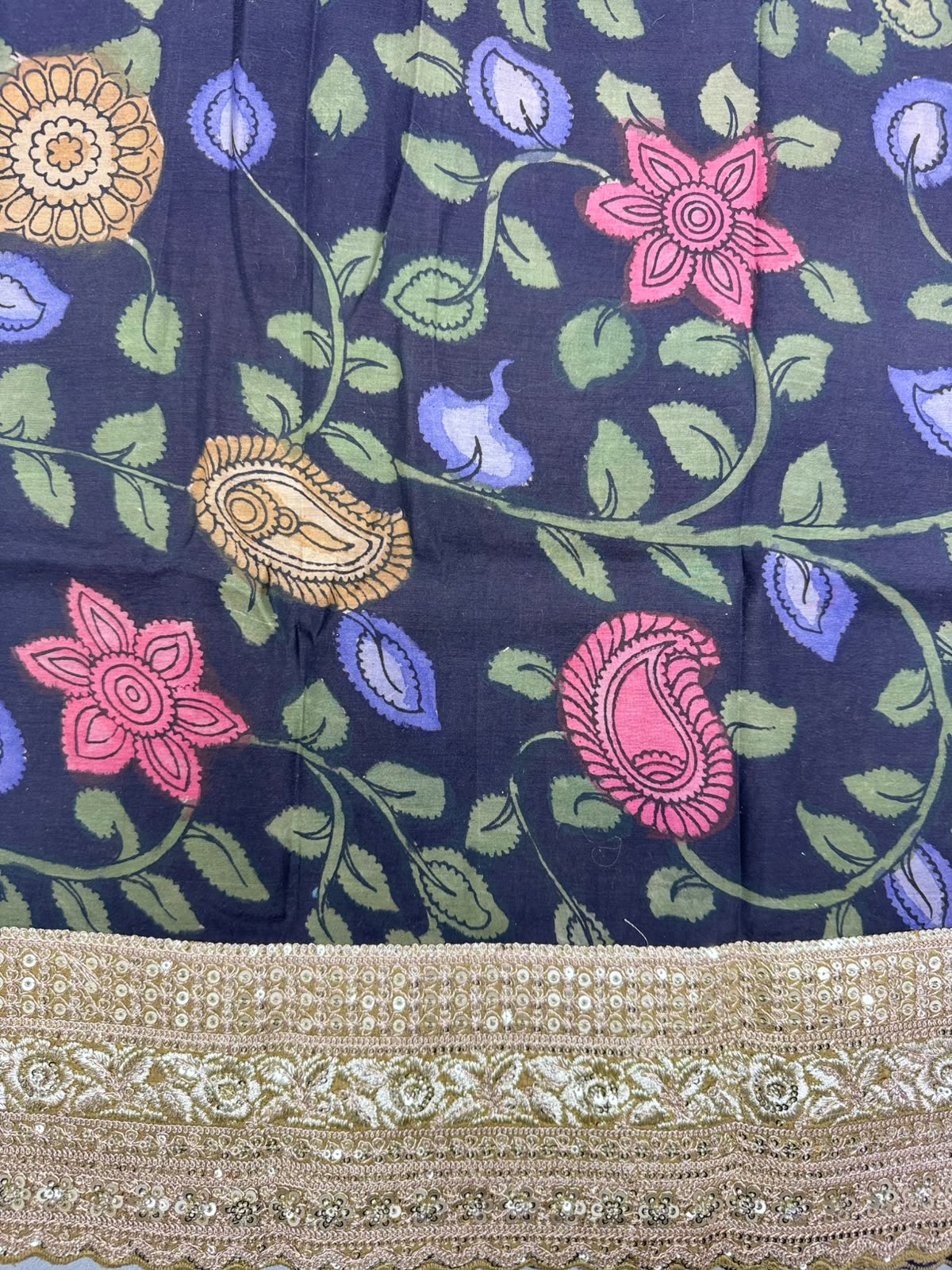 Olive Gold Crush Organza with Kalamkari Blouse Saree 110