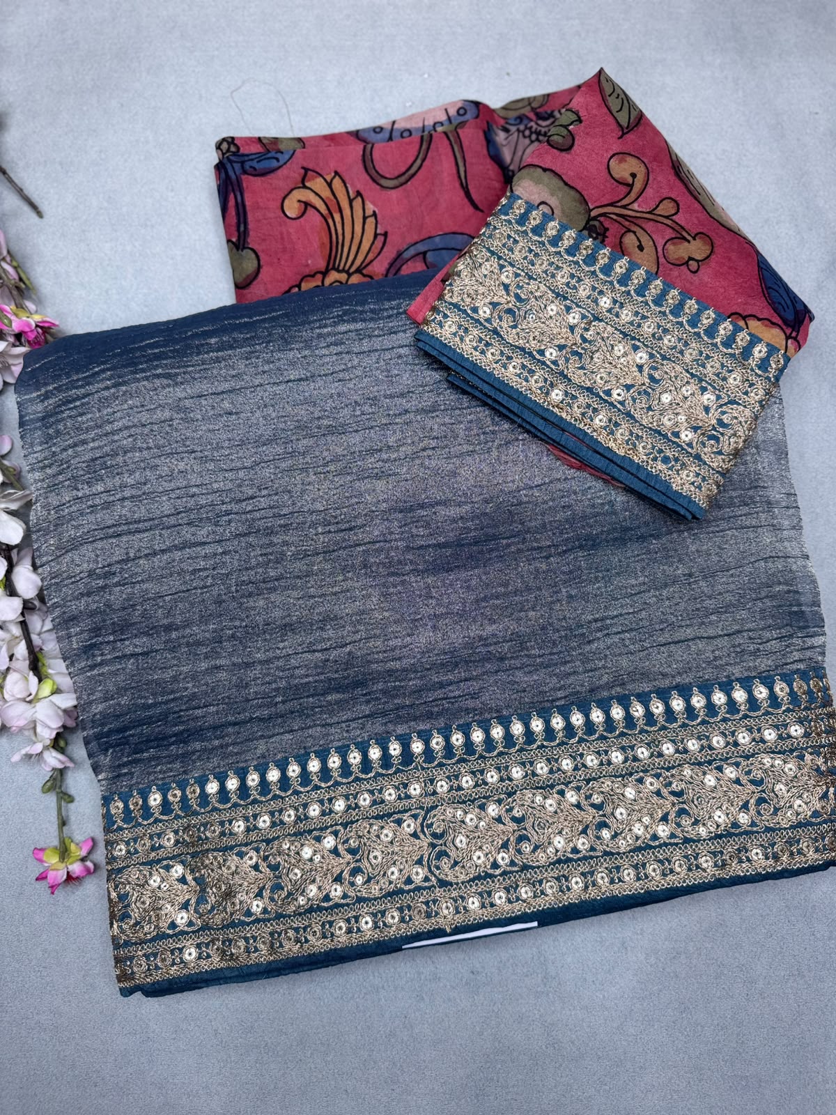 Blue Crush Organza with Kalamkari Blouse Saree 110
