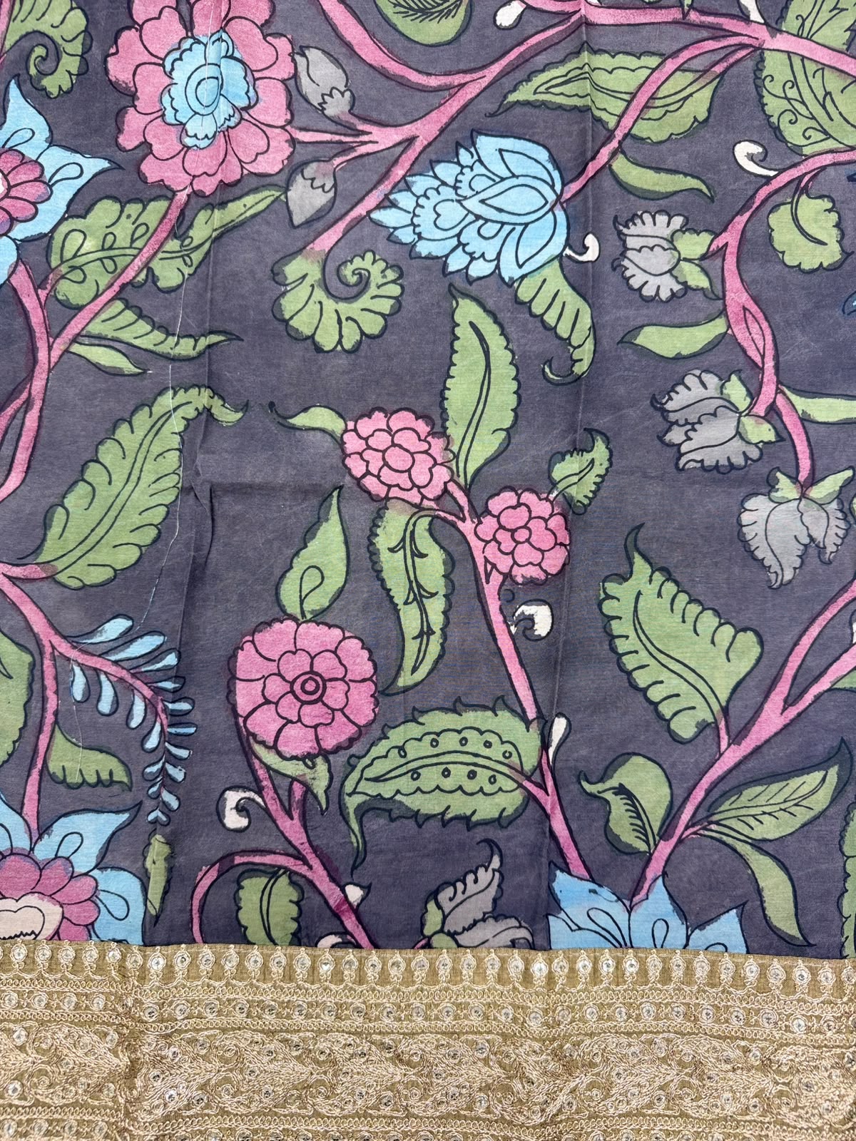 Olive Gold Crush Organza with Kalamkari Blouse Saree 110