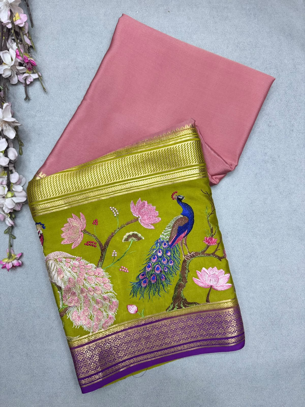 Peach Embroidery Border Pure Mysore Crepe Silk Saree 110