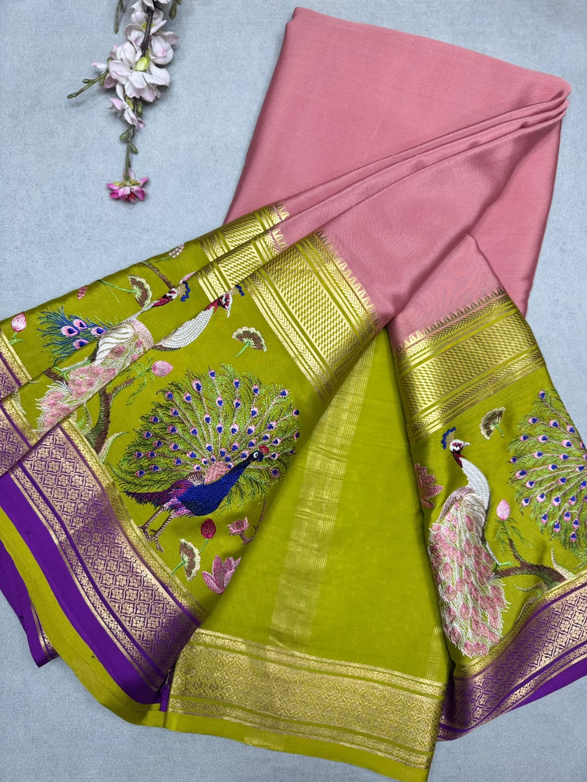 Peach Embroidery Border Pure Mysore Crepe Silk Saree 110