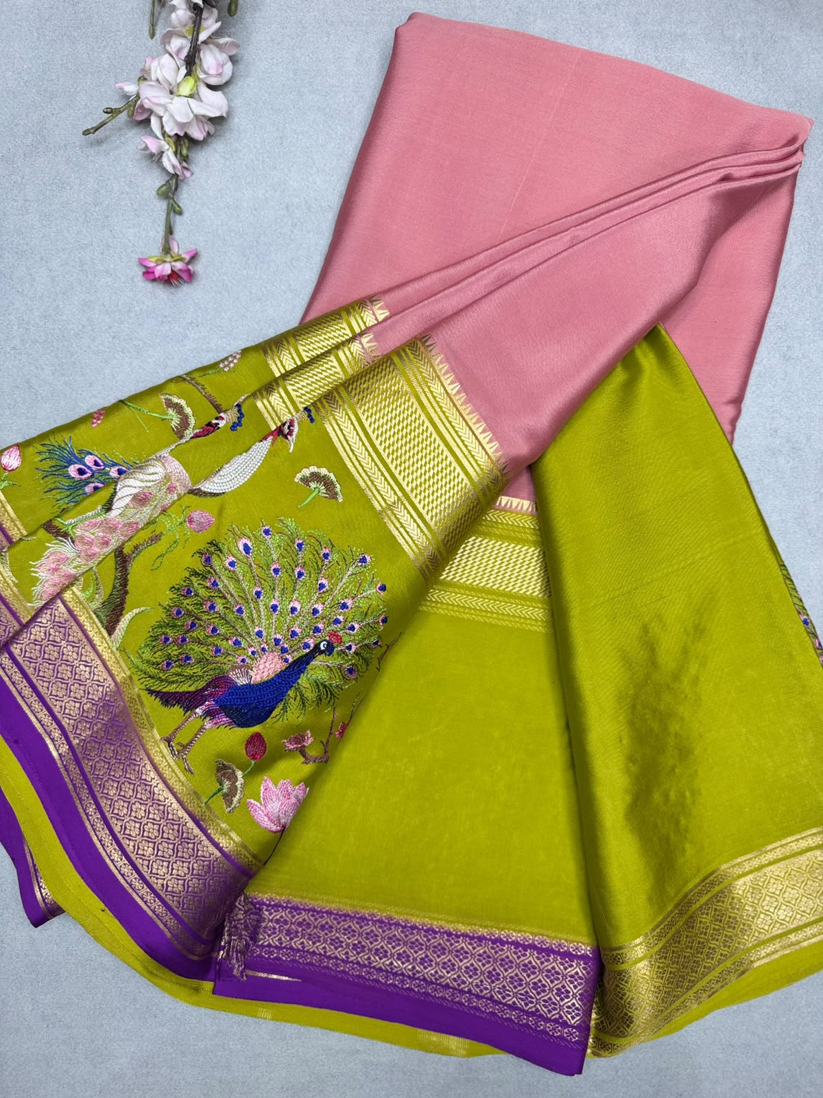 Peach Embroidery Border Pure Mysore Crepe Silk Saree 110