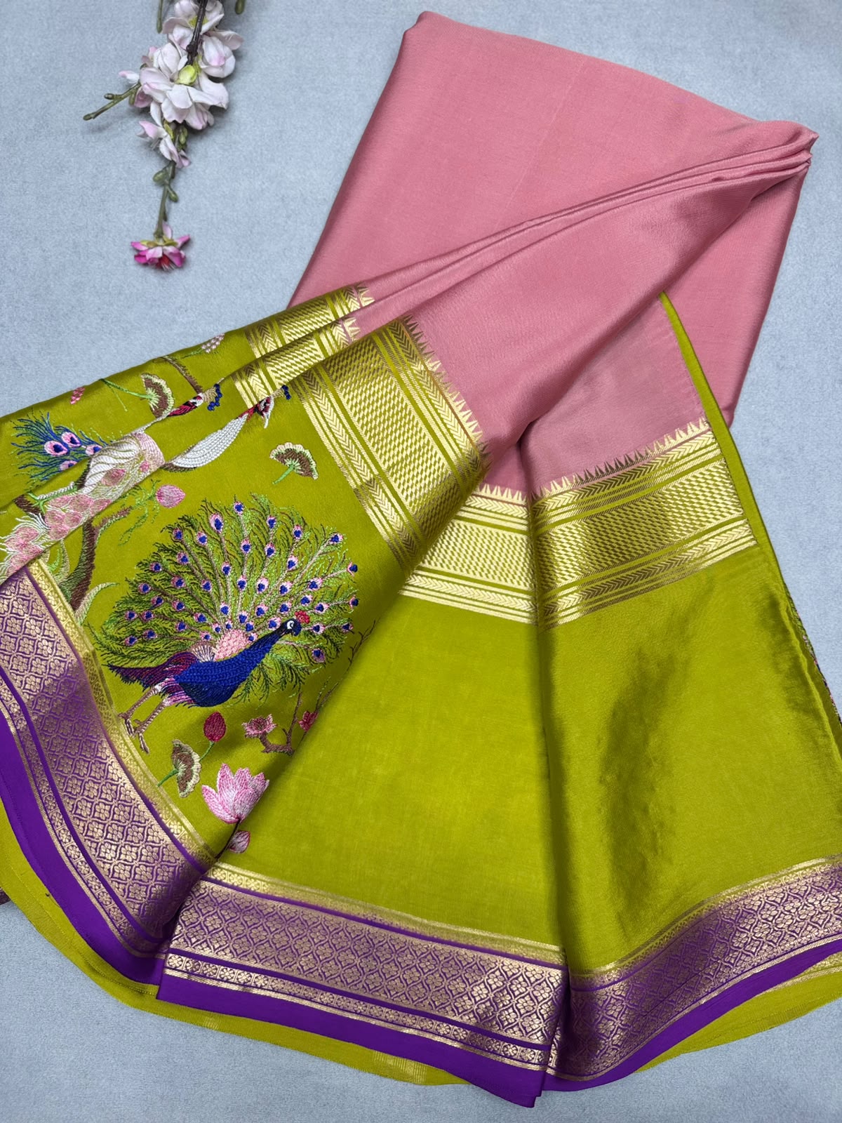 Peach Embroidery Border Pure Mysore Crepe Silk Saree 110