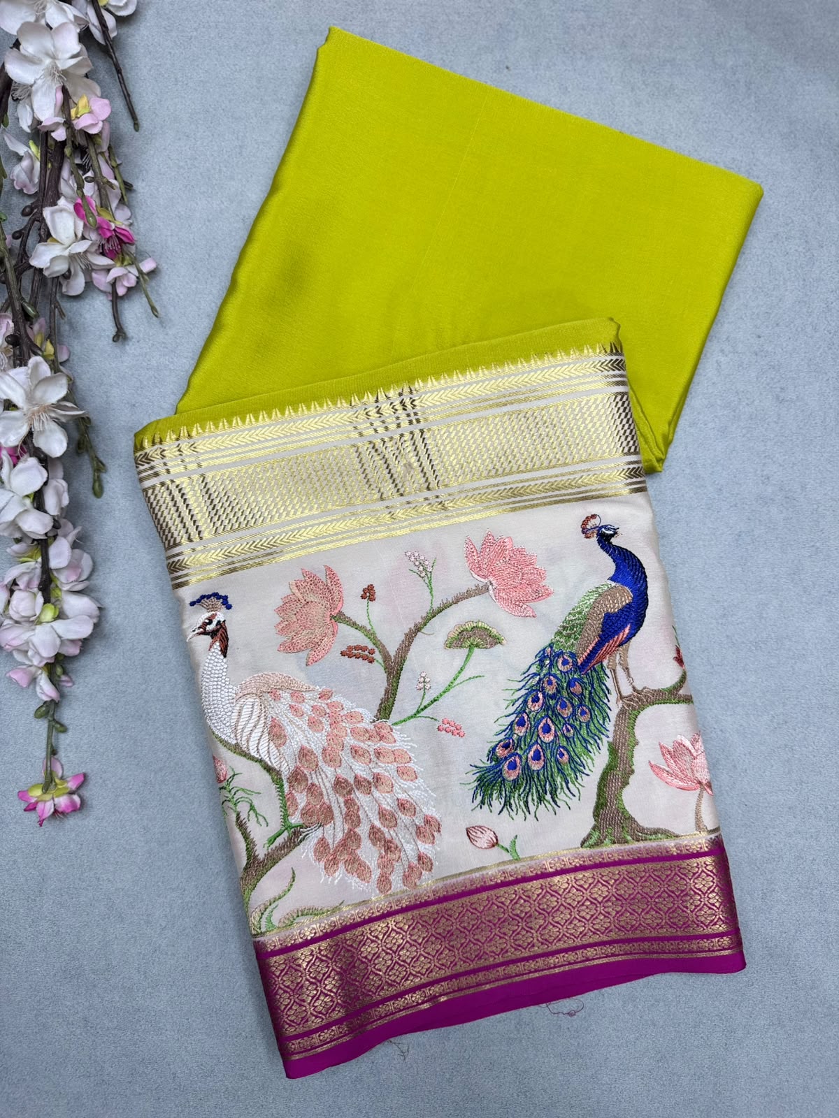 Yellow Embroidery Border Pure Mysore Crepe Silk Saree 110