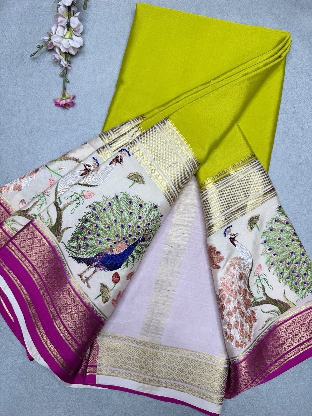 Yellow Embroidery Border Pure Mysore Crepe Silk Saree 110