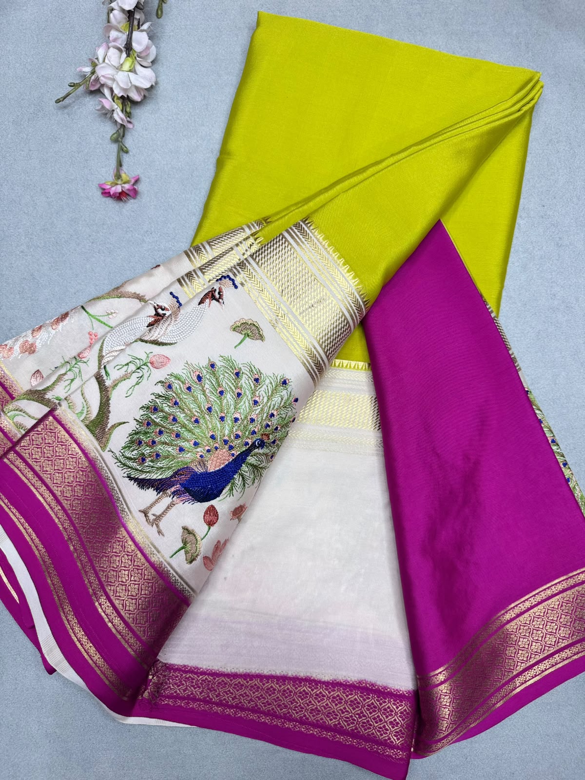 Yellow Embroidery Border Pure Mysore Crepe Silk Saree 110