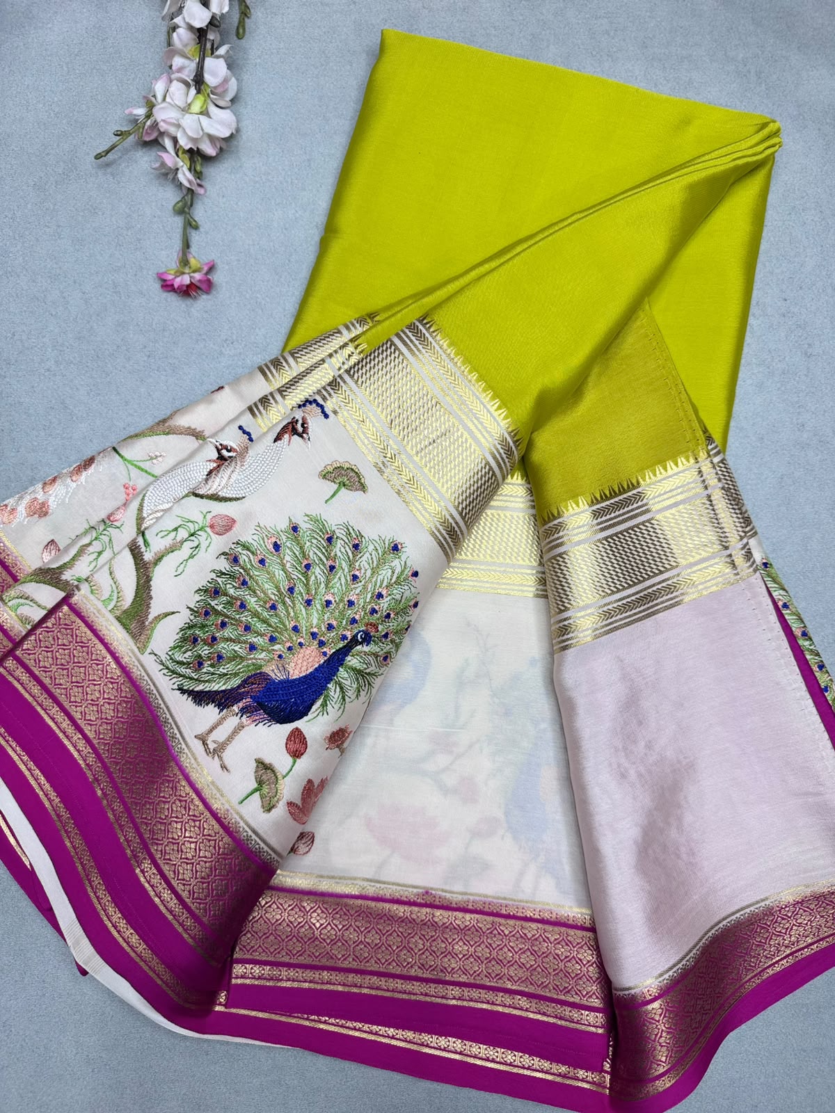 Yellow Embroidery Border Pure Mysore Crepe Silk Saree 110