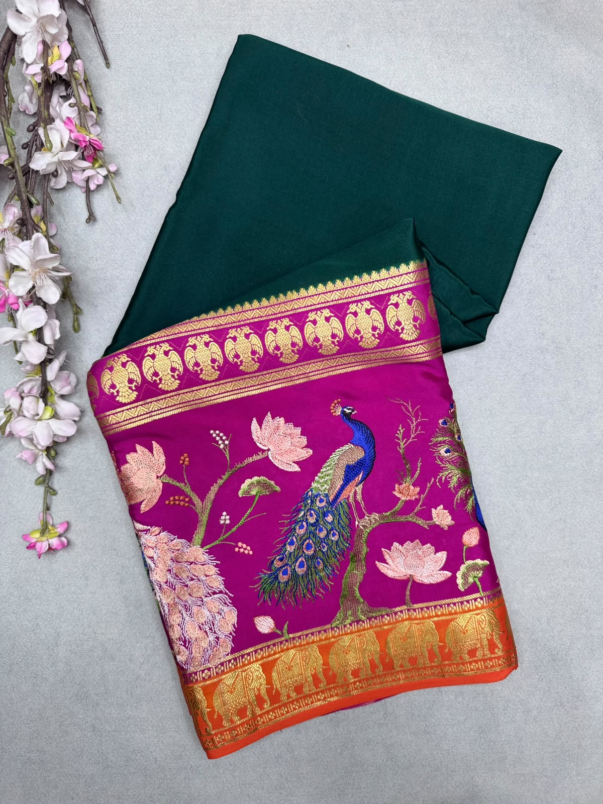 Bottle Green Embroidery Border Pure Mysore Crepe Silk Saree 110