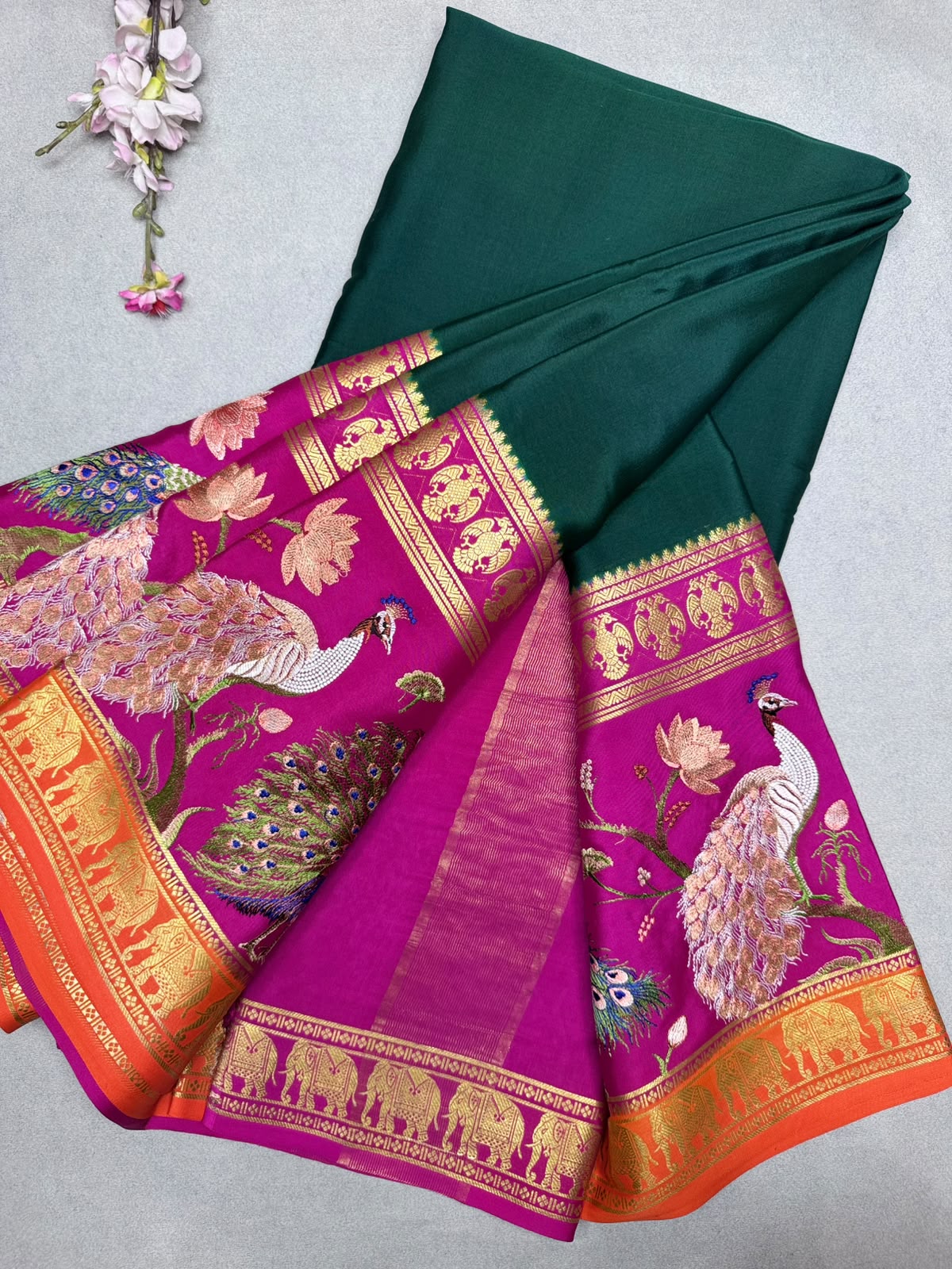 Bottle Green Embroidery Border Pure Mysore Crepe Silk Saree 110