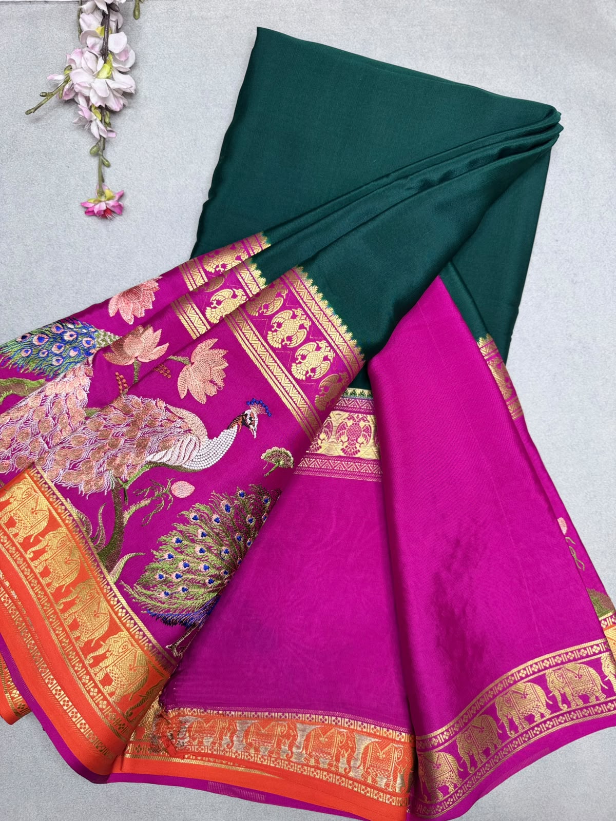 Bottle Green Embroidery Border Pure Mysore Crepe Silk Saree 110