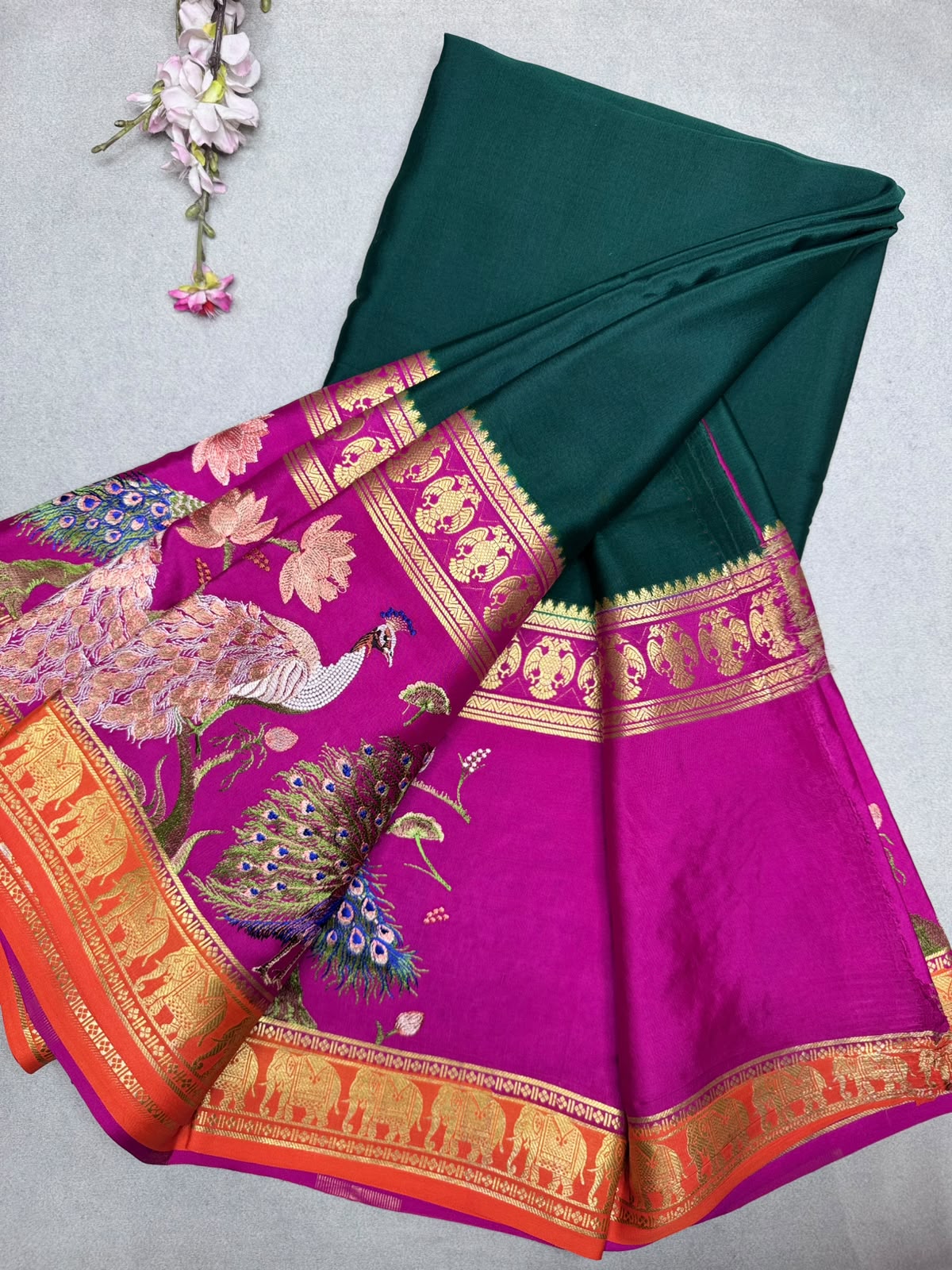 Bottle Green Embroidery Border Pure Mysore Crepe Silk Saree 110