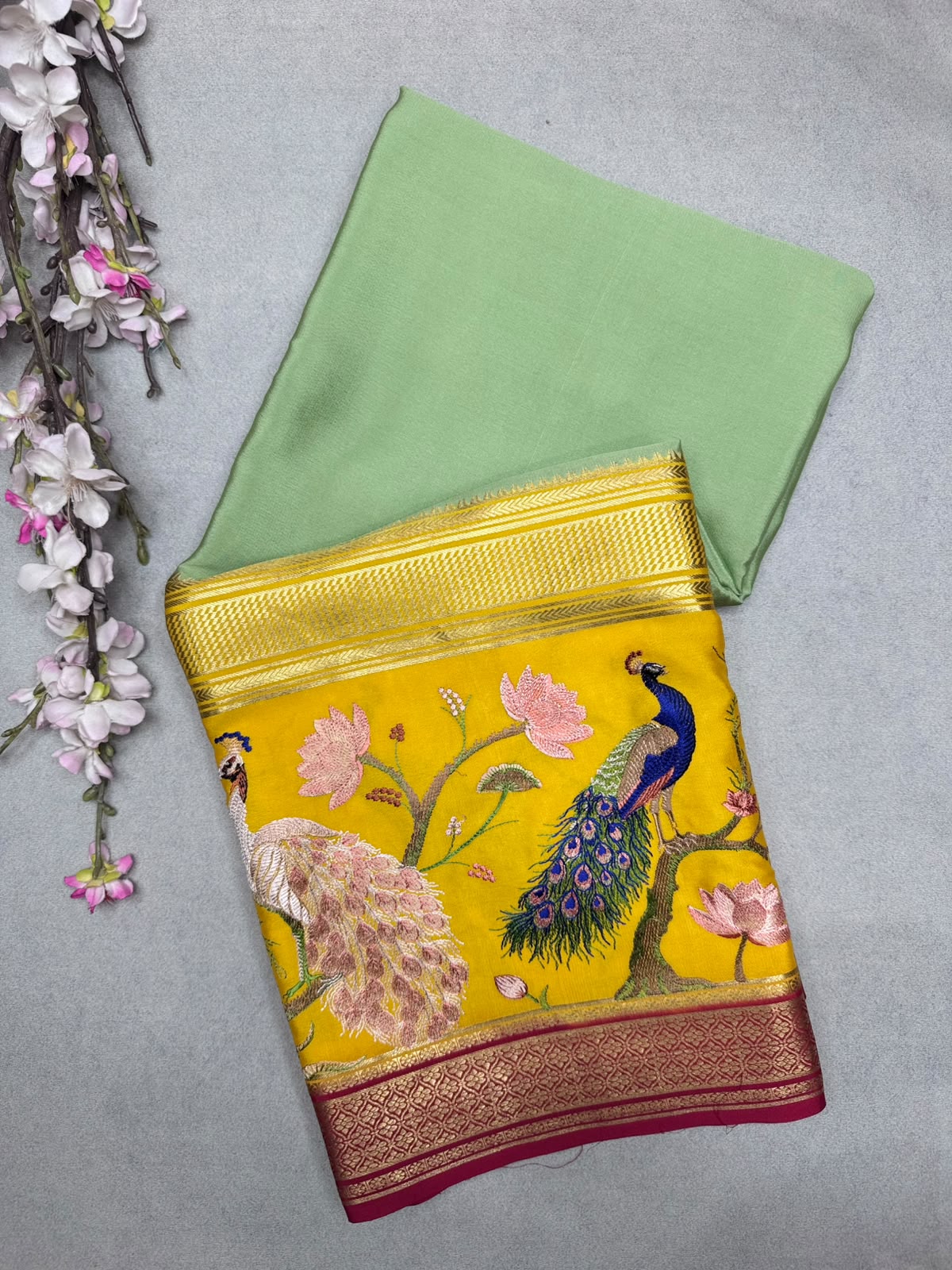Green Embroidery Border Pure Mysore Crepe Silk Saree 110