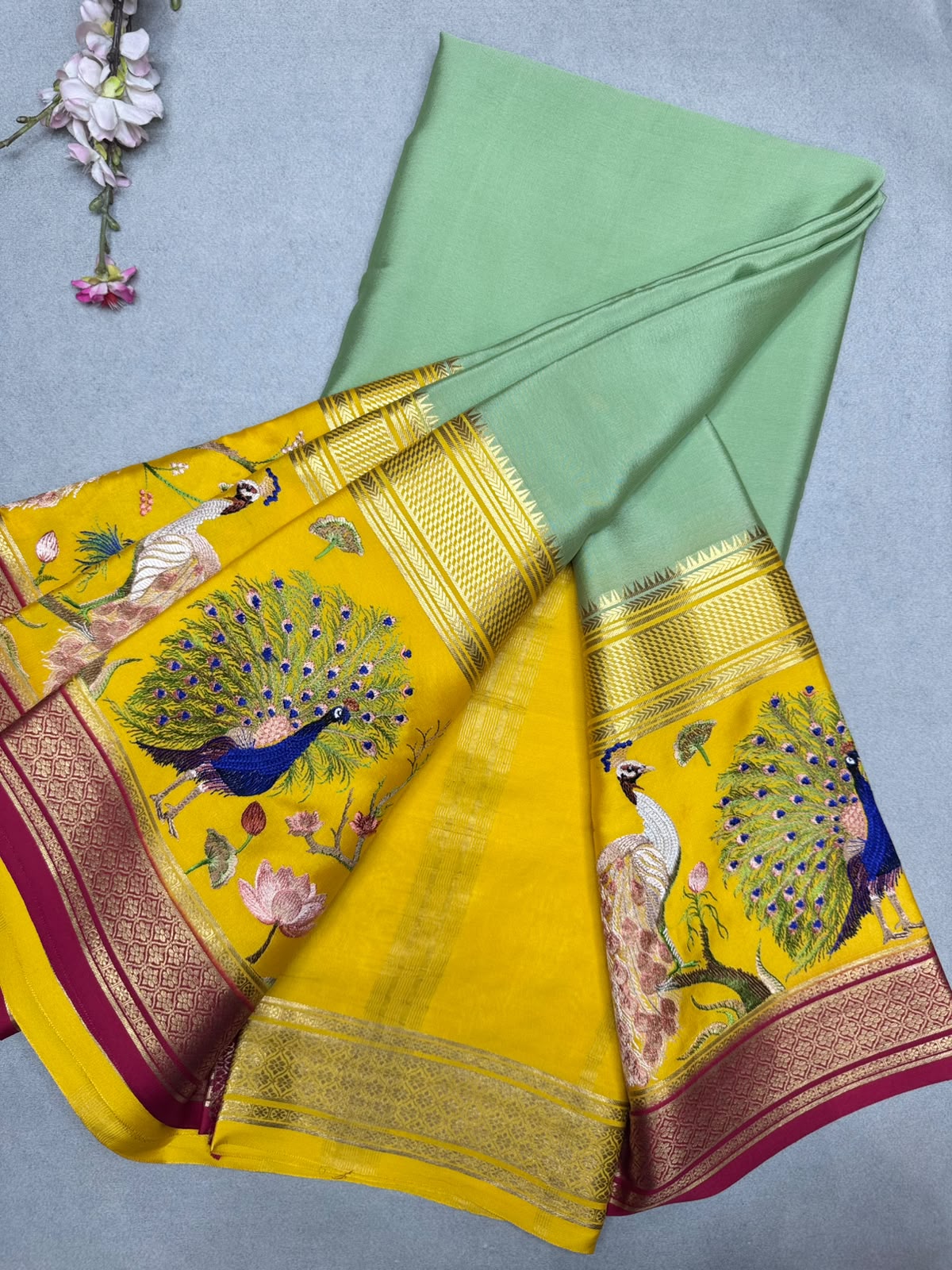 Green Embroidery Border Pure Mysore Crepe Silk Saree 110