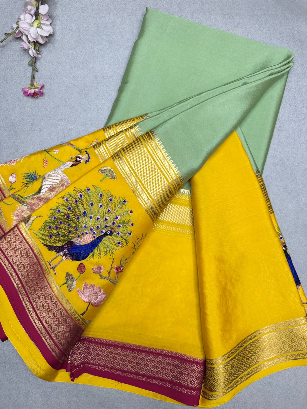 Green Embroidery Border Pure Mysore Crepe Silk Saree 110