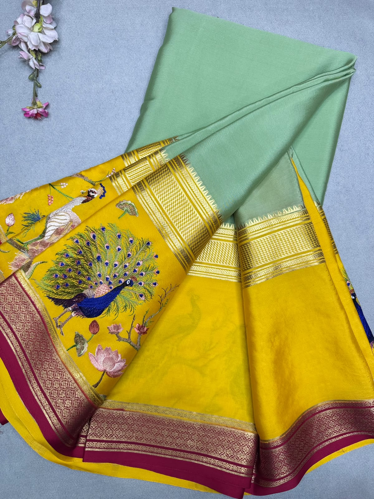 Green Embroidery Border Pure Mysore Crepe Silk Saree 110