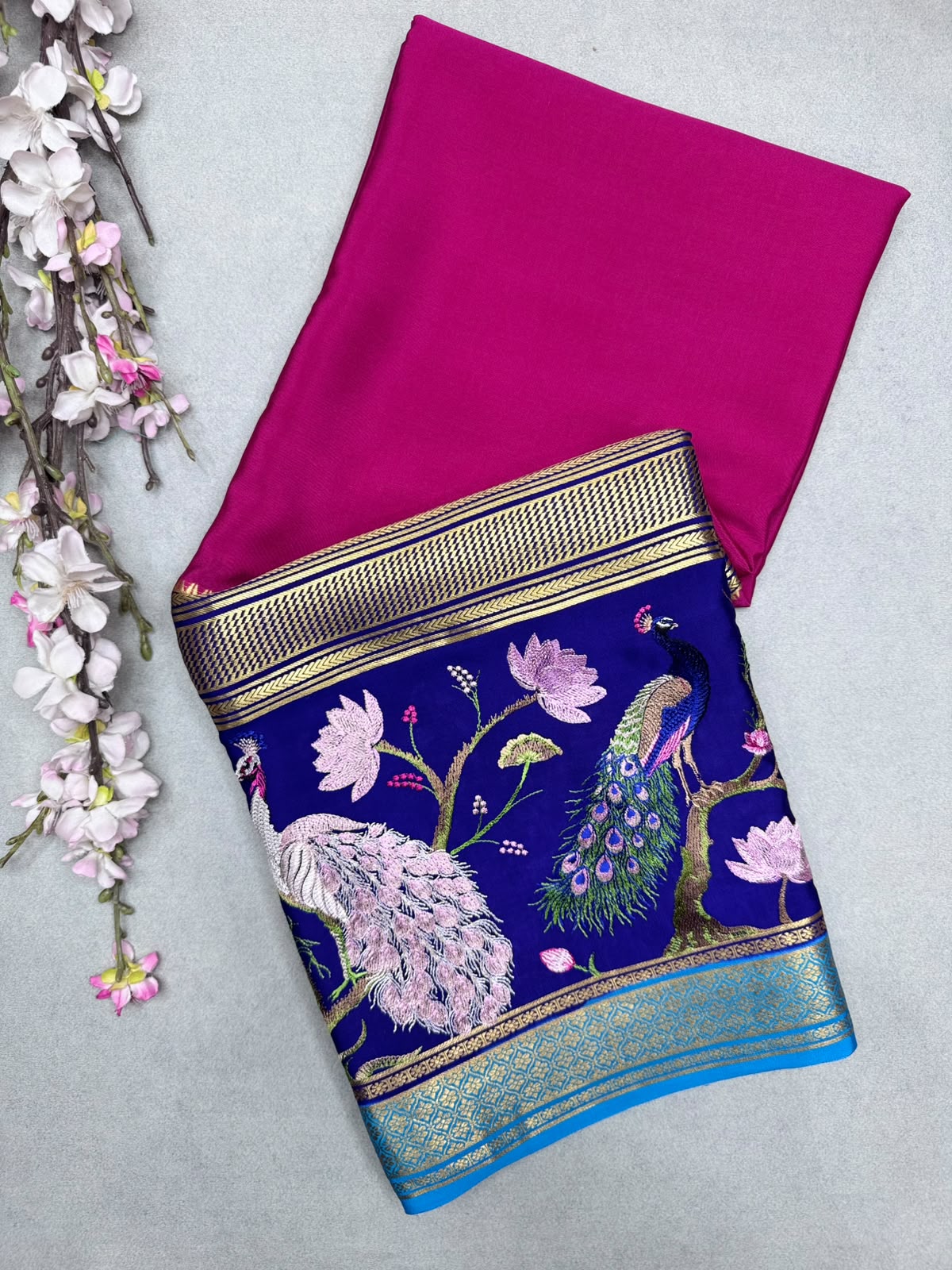 Magenta Embroidery Border Pure Mysore Crepe Silk Saree 110
