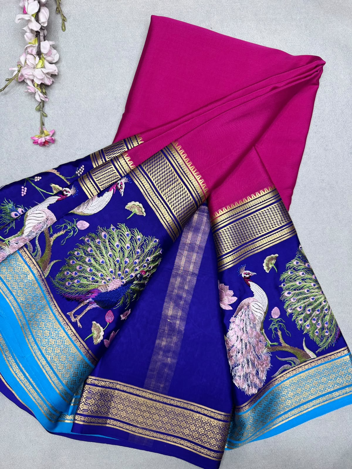 Magenta Embroidery Border Pure Mysore Crepe Silk Saree 110
