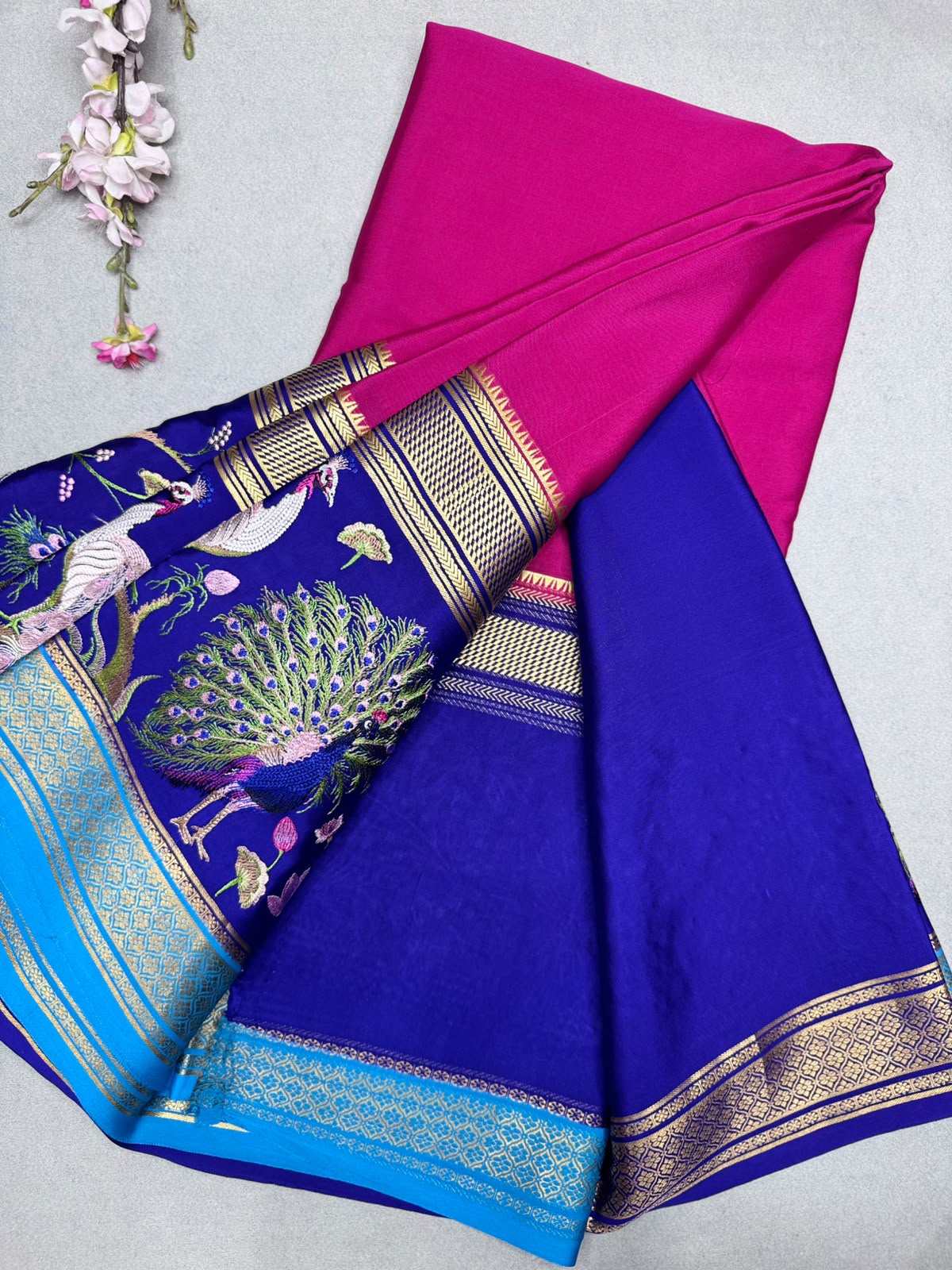 Magenta Embroidery Border Pure Mysore Crepe Silk Saree 110