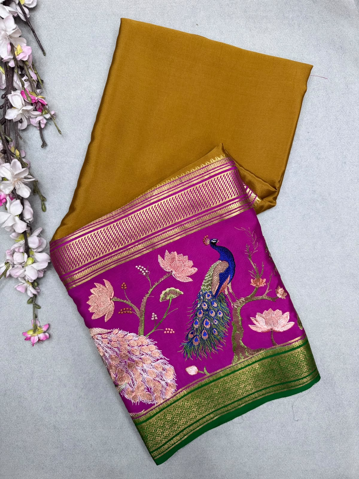 Mustard Embroidery Border Pure Mysore Crepe Silk Saree 110