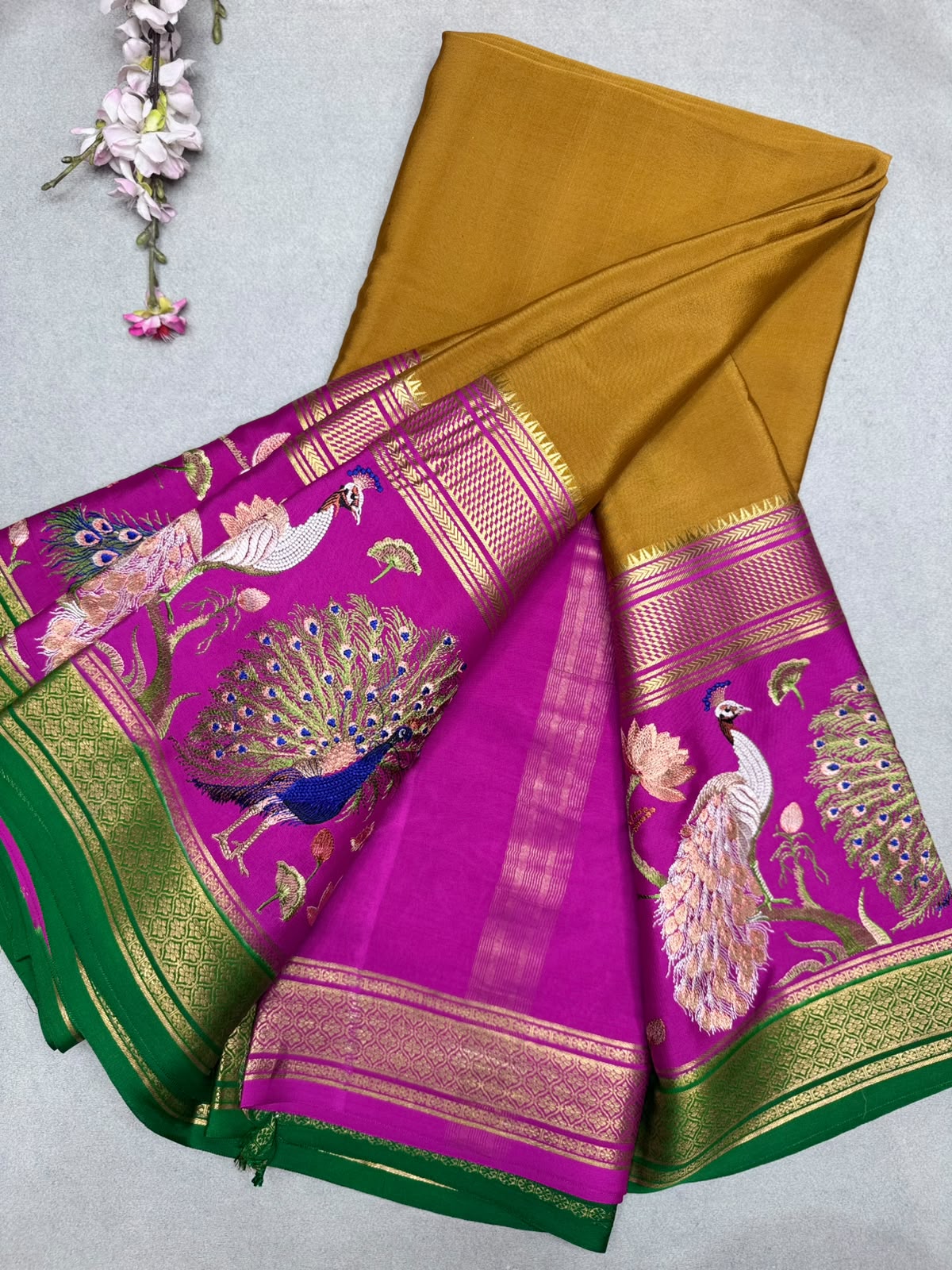 Mustard Embroidery Border Pure Mysore Crepe Silk Saree 110