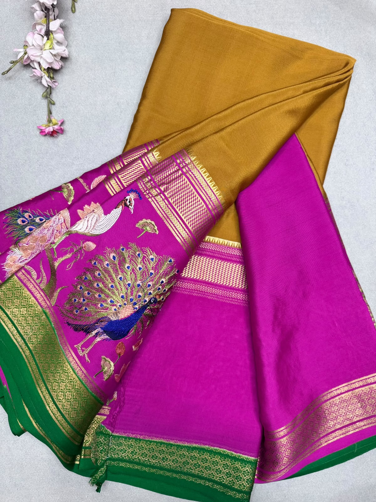 Mustard Embroidery Border Pure Mysore Crepe Silk Saree 110