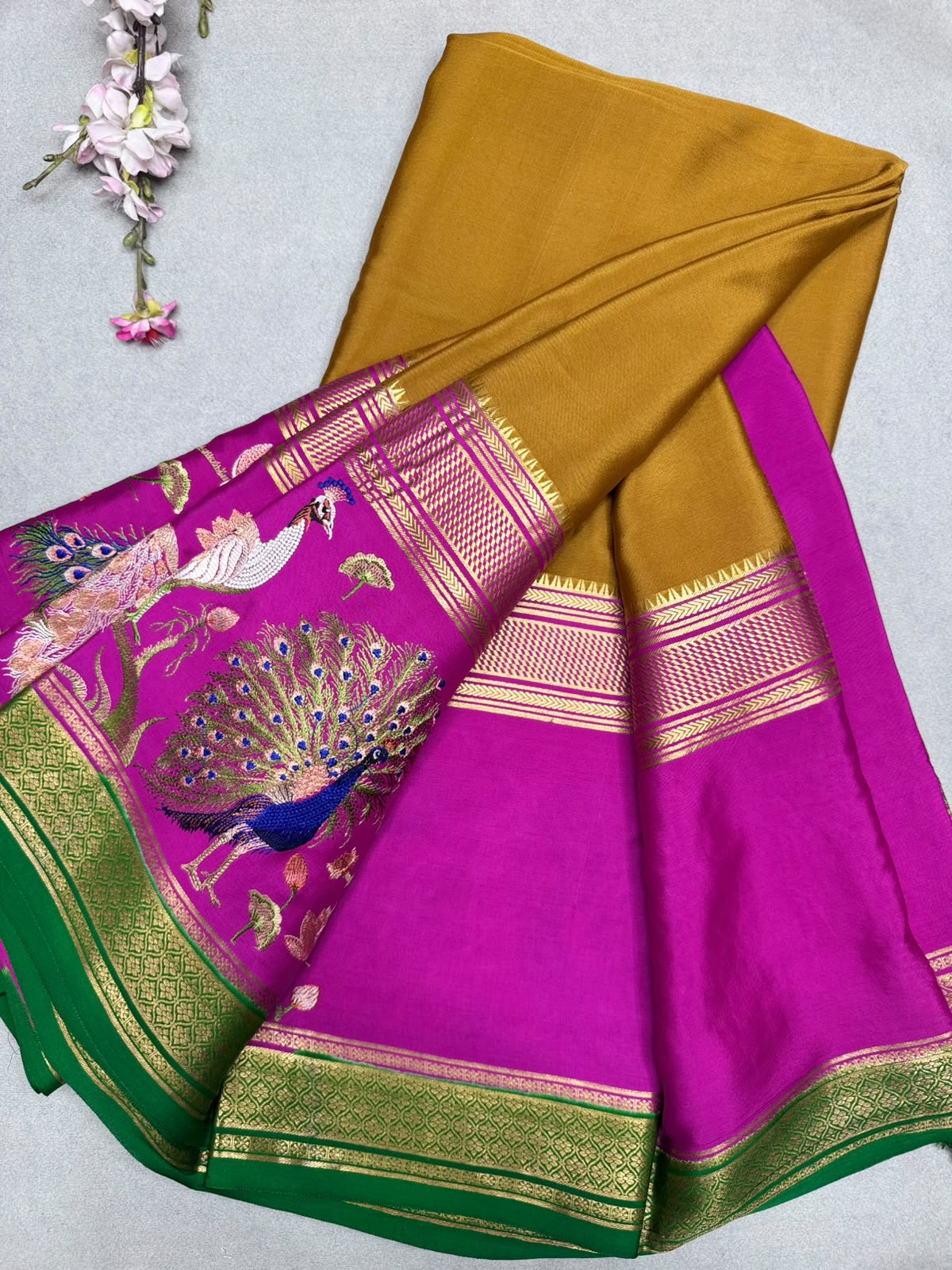 Mustard Embroidery Border Pure Mysore Crepe Silk Saree 110