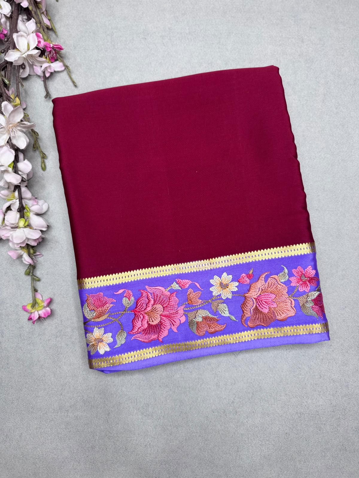 Maroon Embroidery Border Pure Mysore Crepe Silk Saree 110