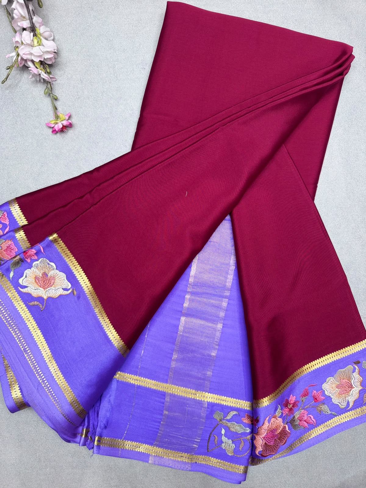 Maroon Embroidery Border Pure Mysore Crepe Silk Saree 110