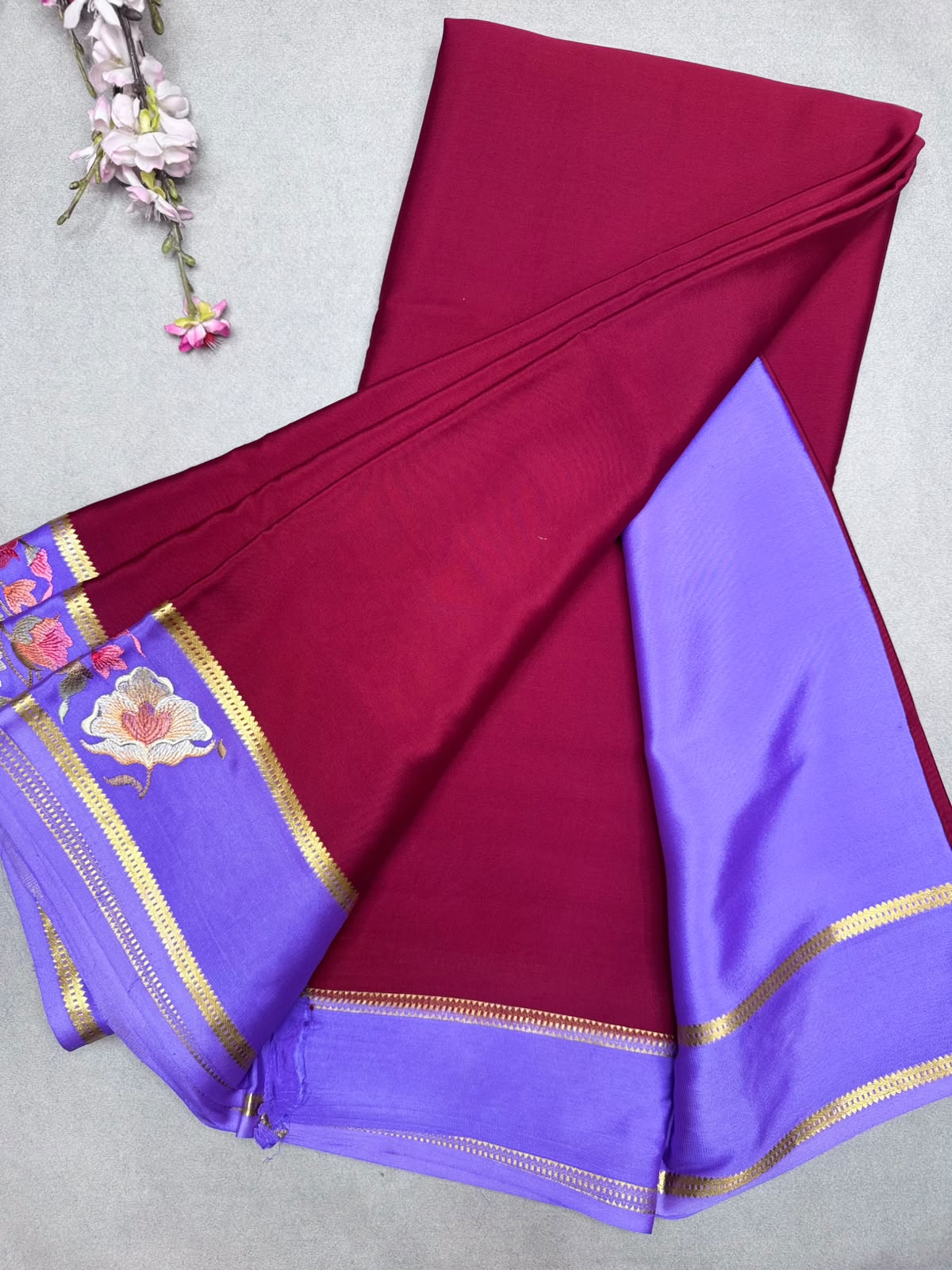 Maroon Embroidery Border Pure Mysore Crepe Silk Saree 110