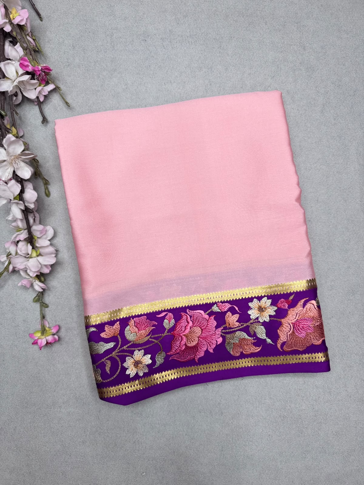 Peach Embroidery Border Pure Mysore Crepe Silk Saree 110