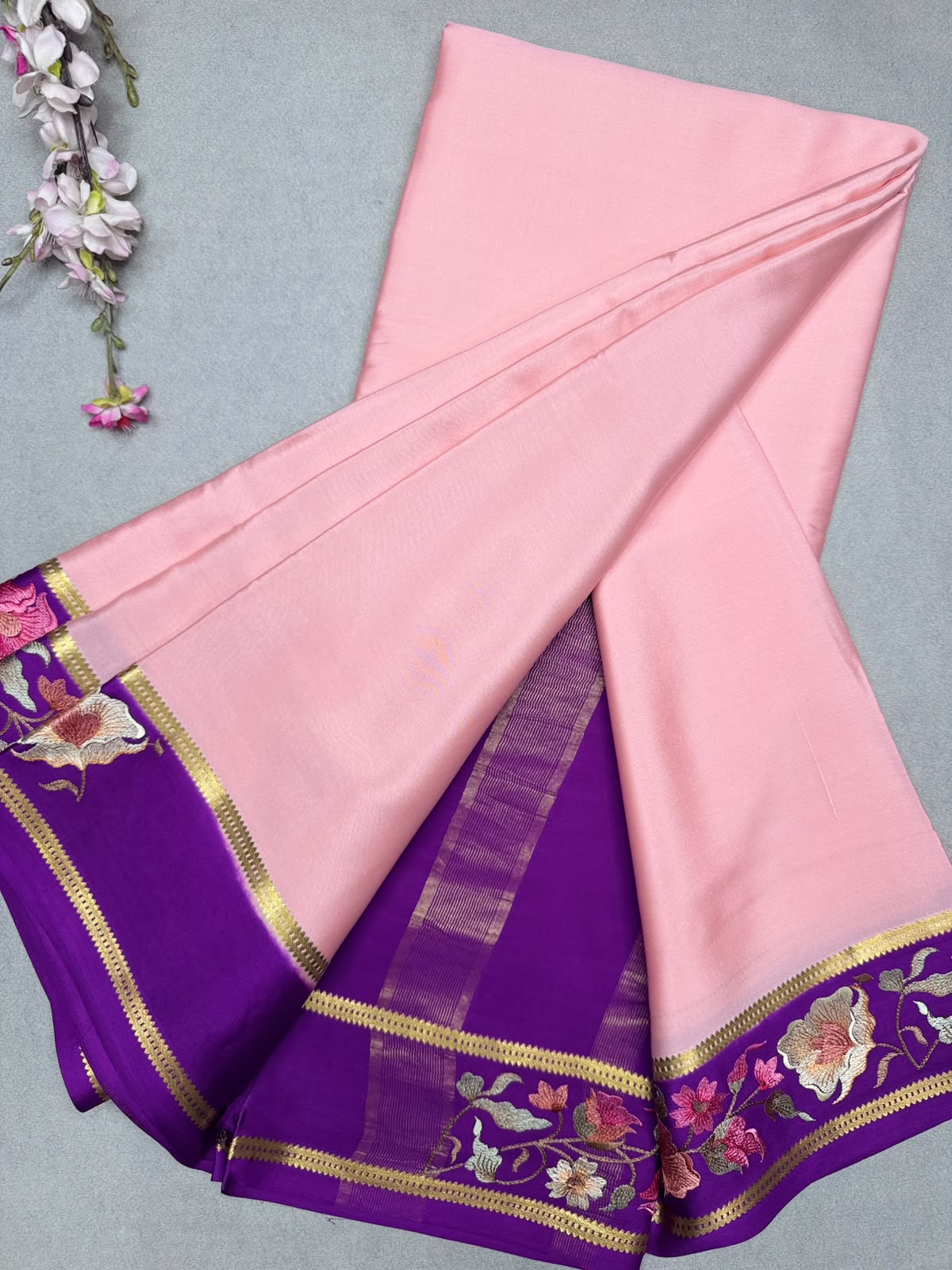 Peach Embroidery Border Pure Mysore Crepe Silk Saree 110