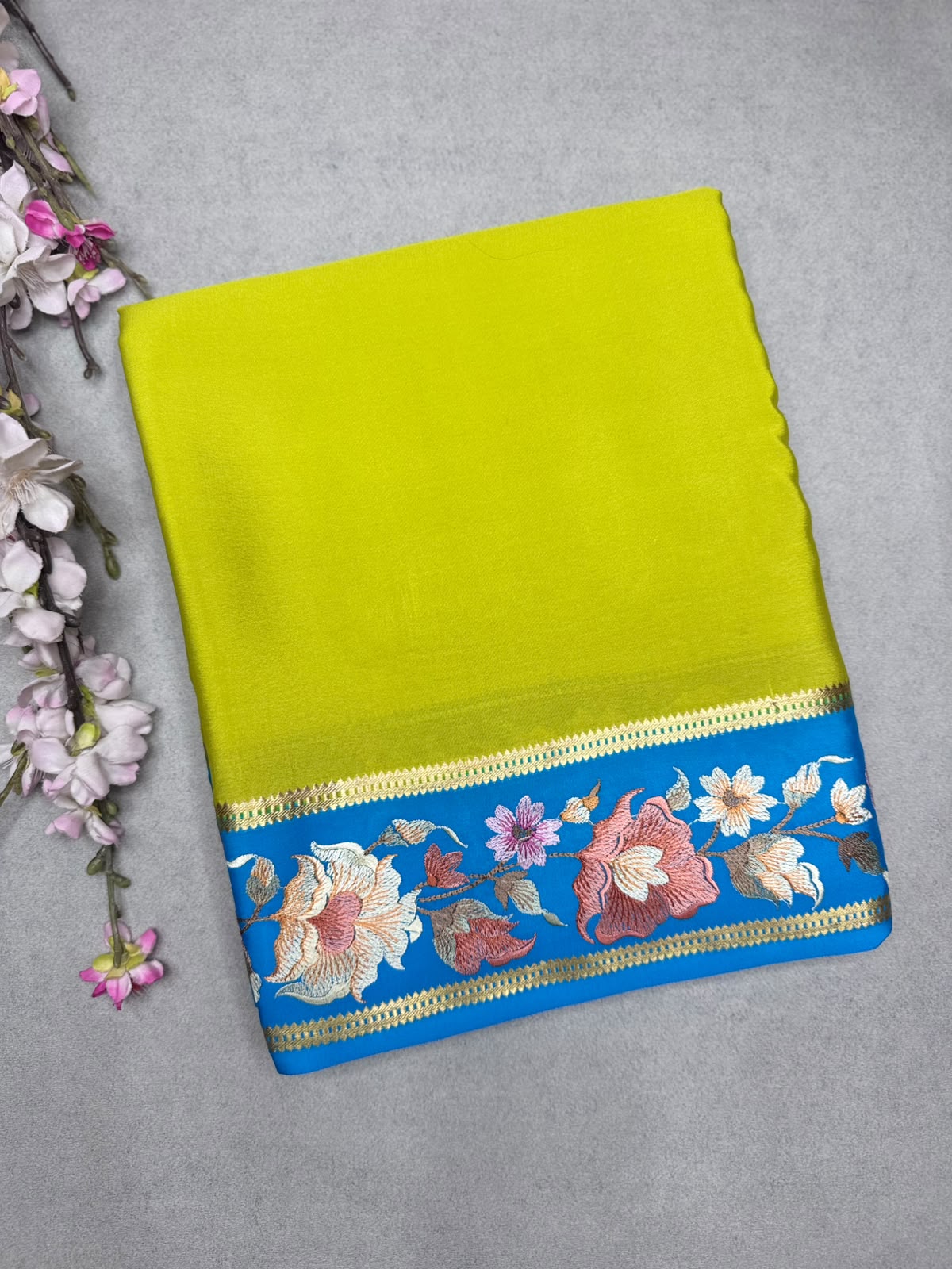 Yellow Embroidery Border Pure Mysore Crepe Silk Saree 110